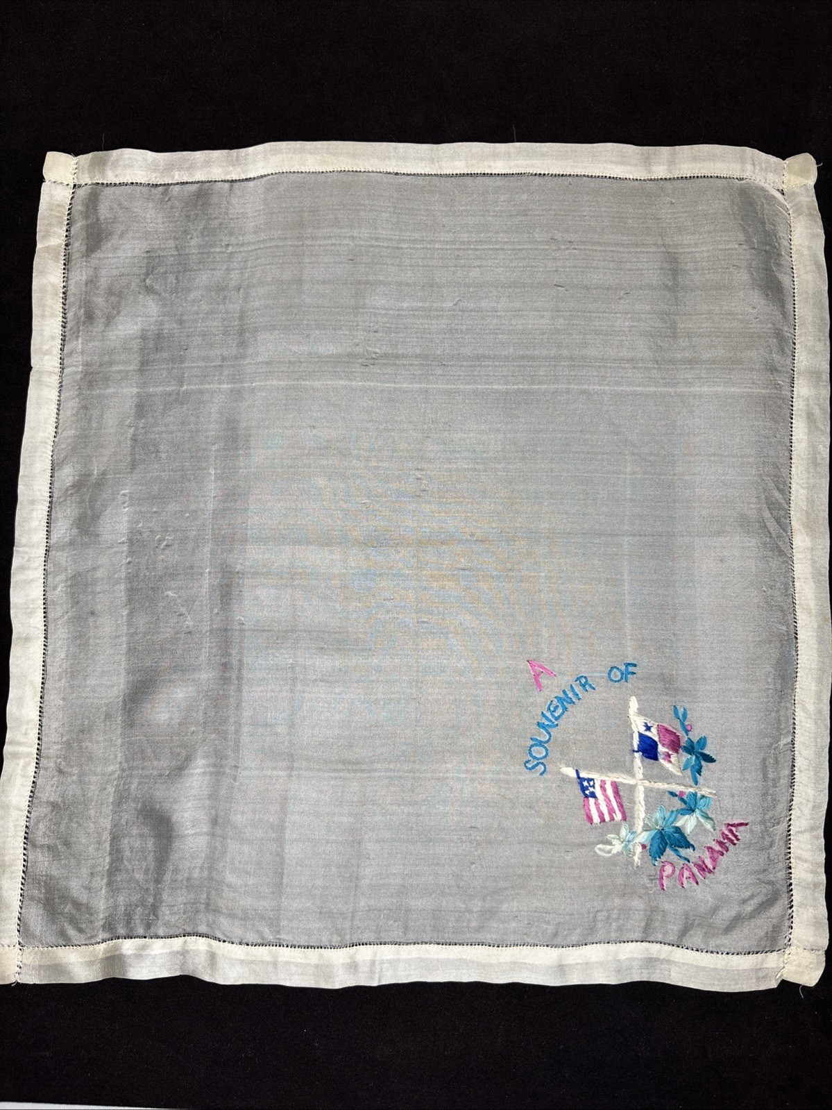 Vintage Handkerchief Silk Souvenir From Panama 12” X 12” Hanky Hankie