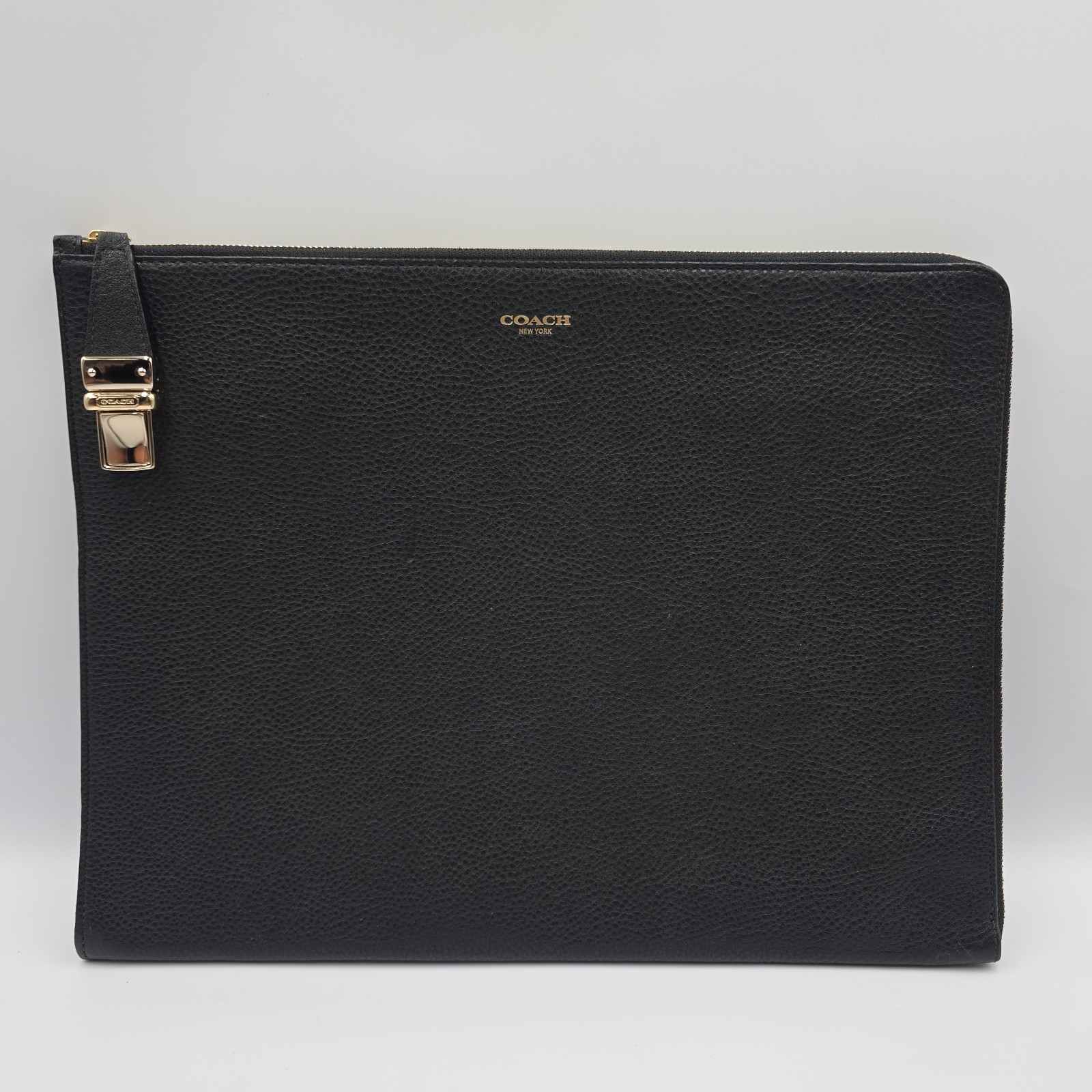 Coach Crosby Push Lock Black Pebbled Leather Zip Top Pouch Bag Document Table