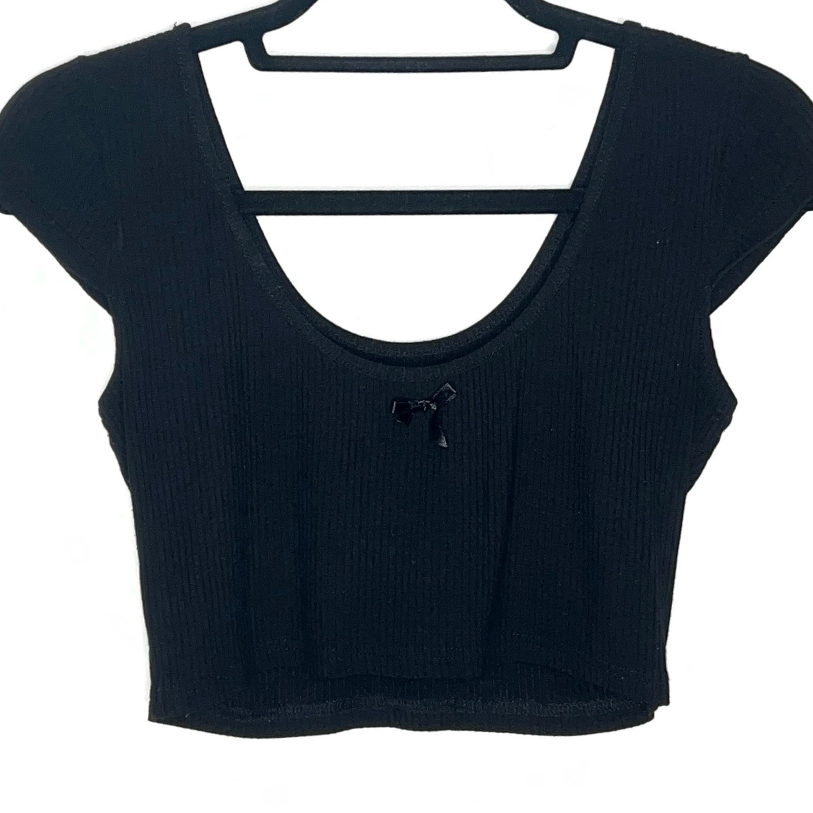 Honey Punch Womens Ribbed Scoop Neck Crop Top Short Sleeve Basic Shirt Black S