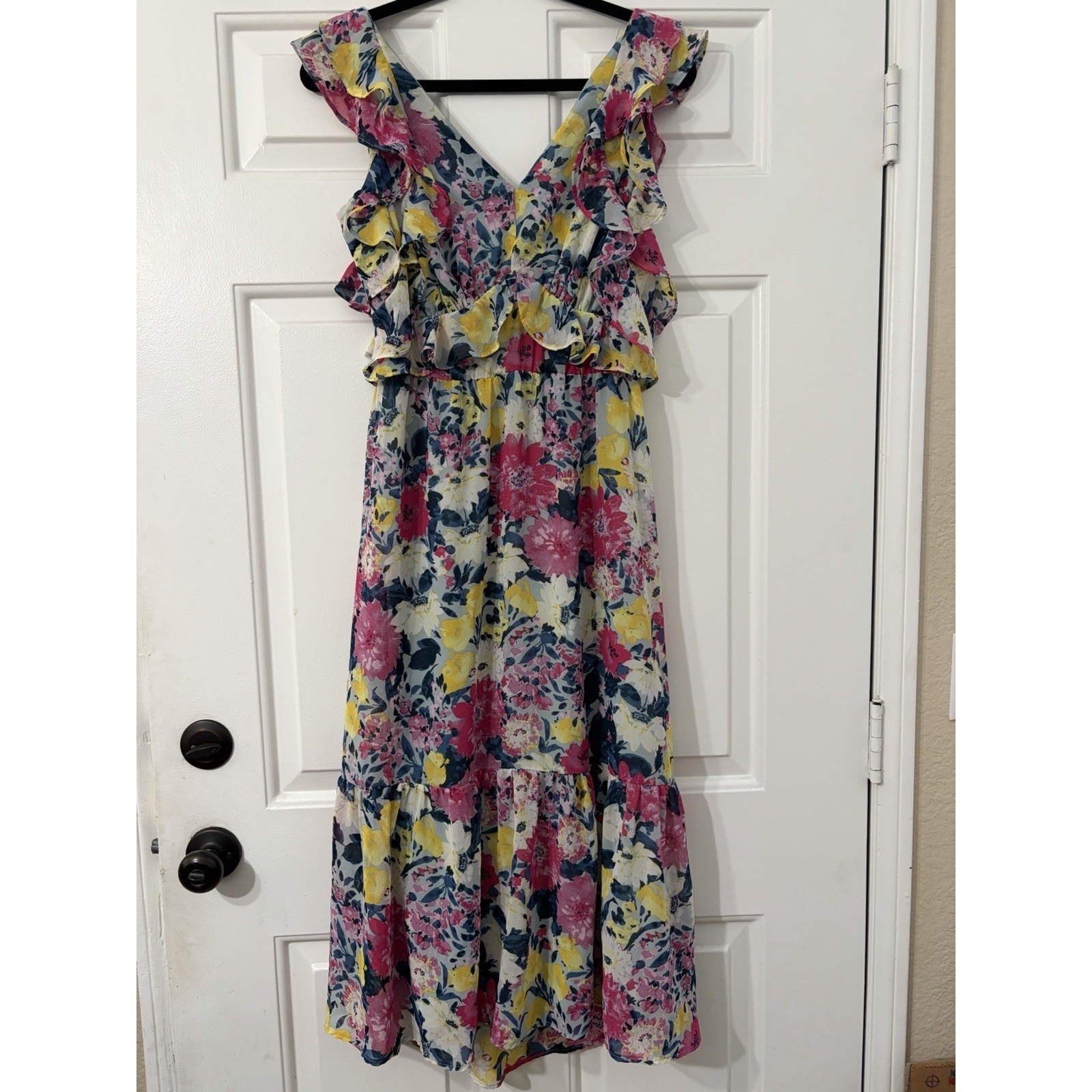 Lauren Conrad Midi Dress Large Romantic Watercolor Floral Ruffled Open Back