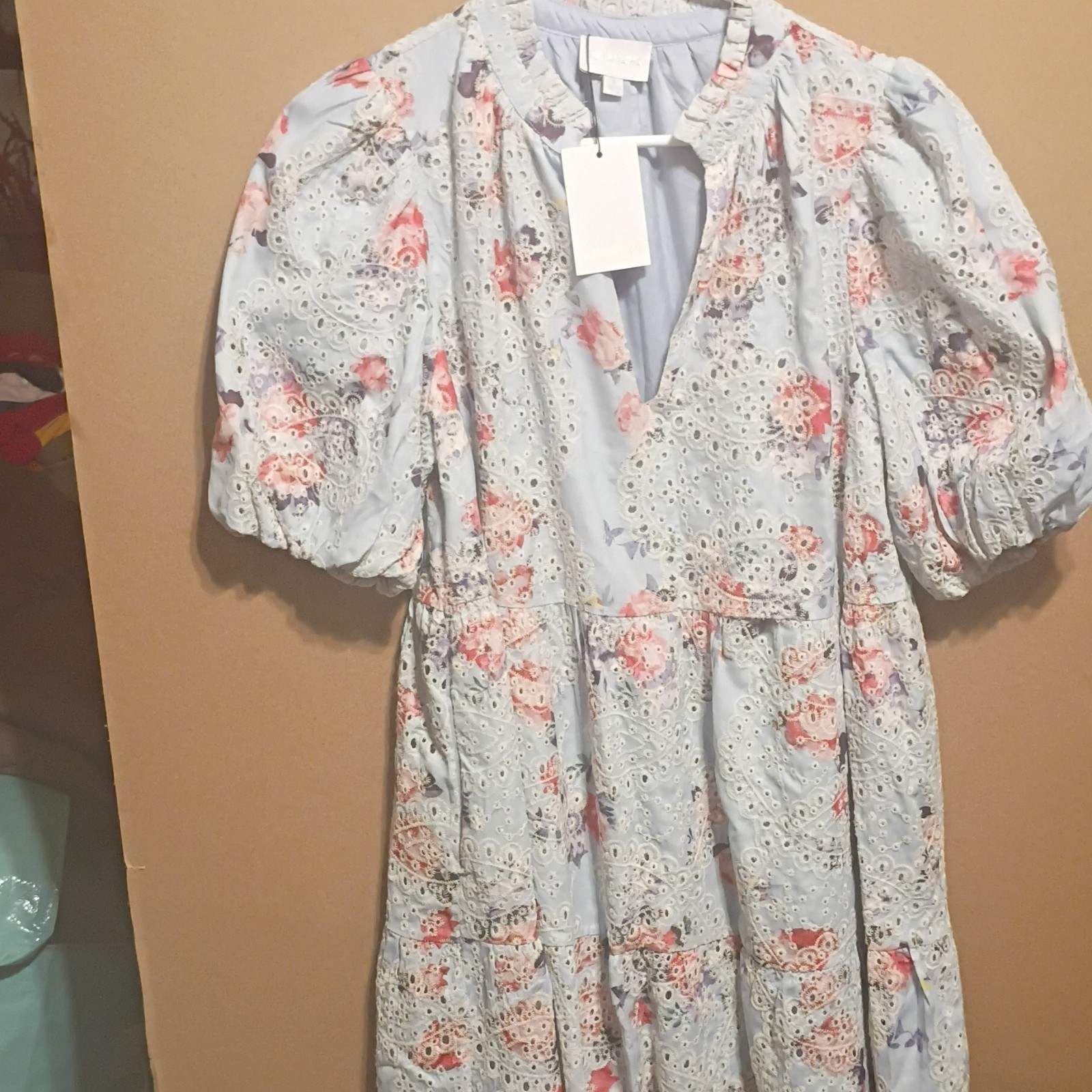 SUGARLIPS Women’s Blue Floral Eyelet V-Neck Puff Sleeve Midi Dress, XS