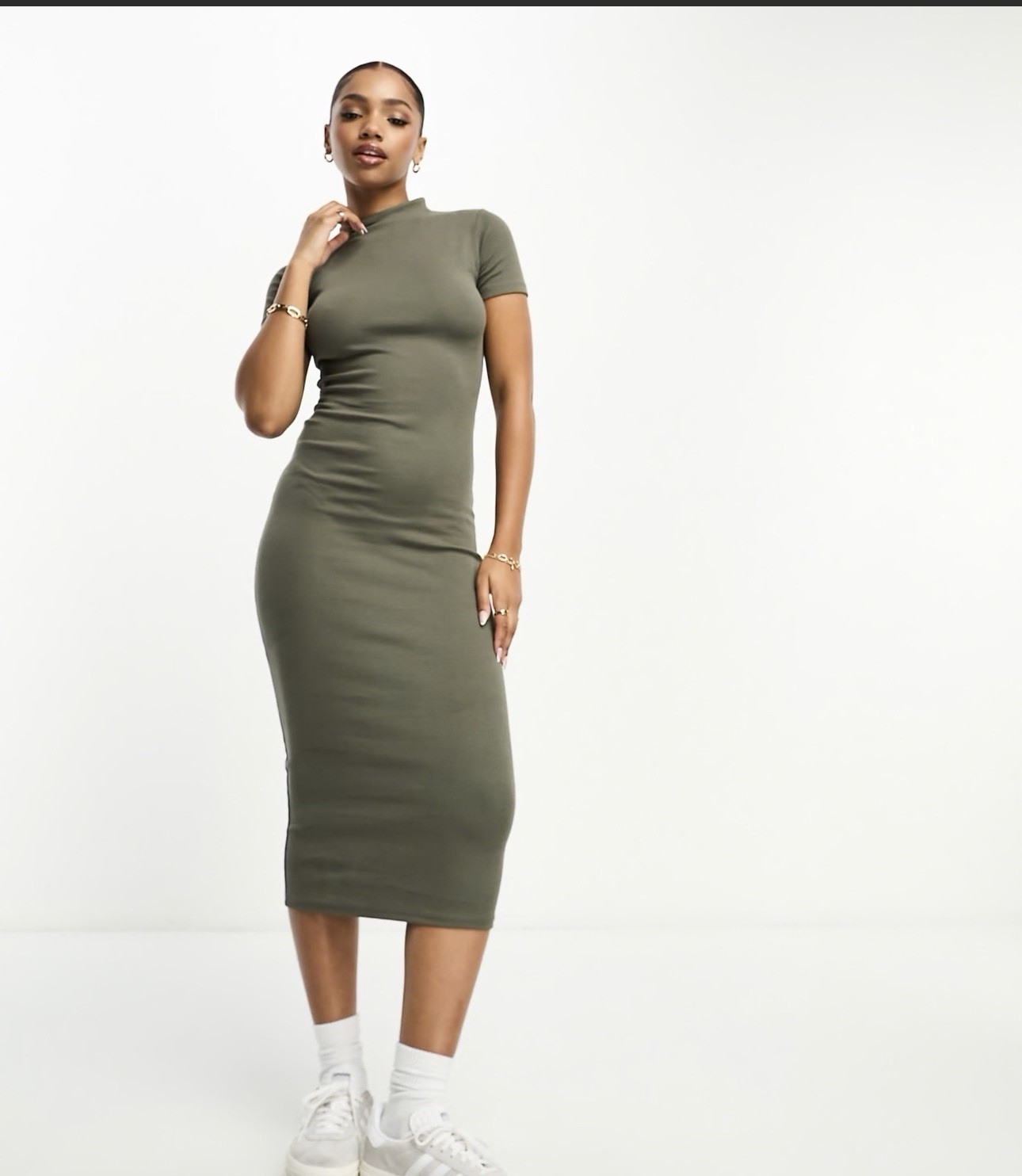 PULL&BEAR Women’s Green Ribbed Mock Neck Short Sleeve Stretch Bodycon Midi
