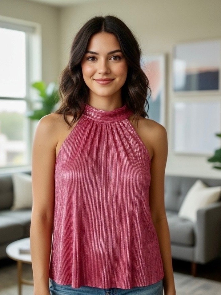 CECE Pink Metallic Pleated Halter Shimmer Party Date Nite Top with Back Bow Sz L