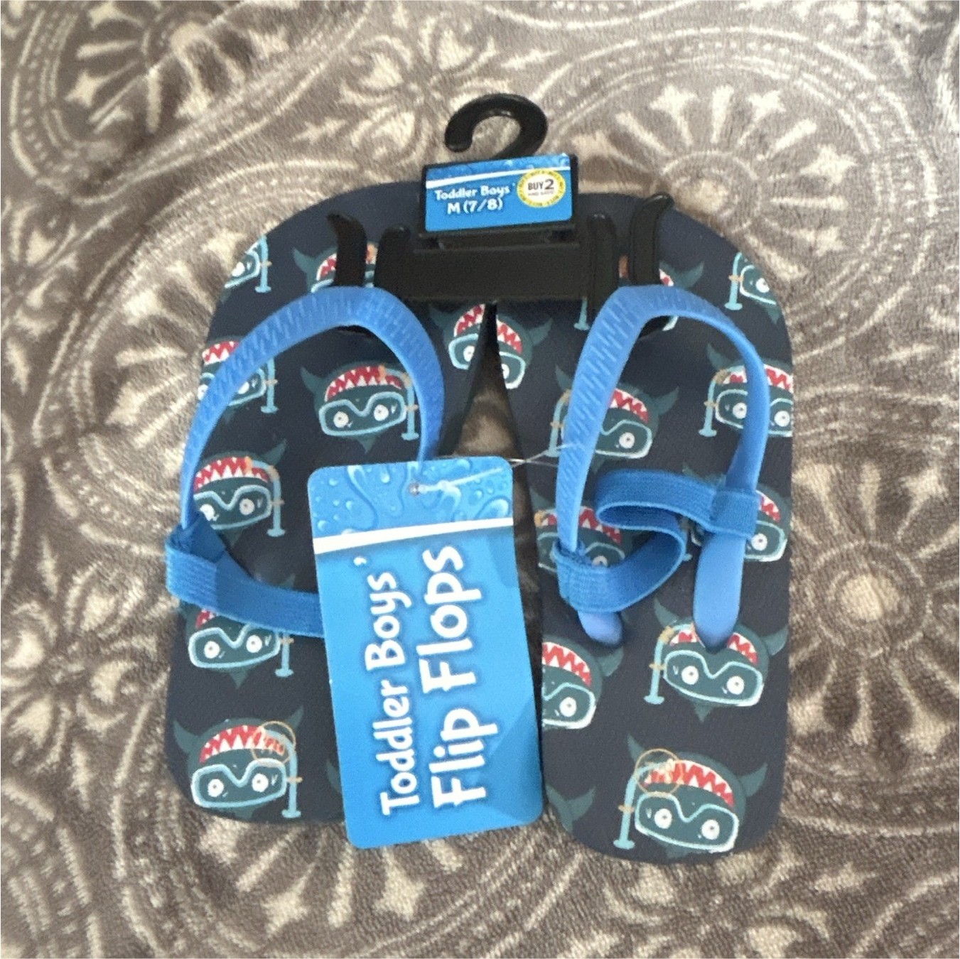 Toddler Boys Dinosaur Print Flip Flop Sandals Blue/Black Slip-On US 7/8