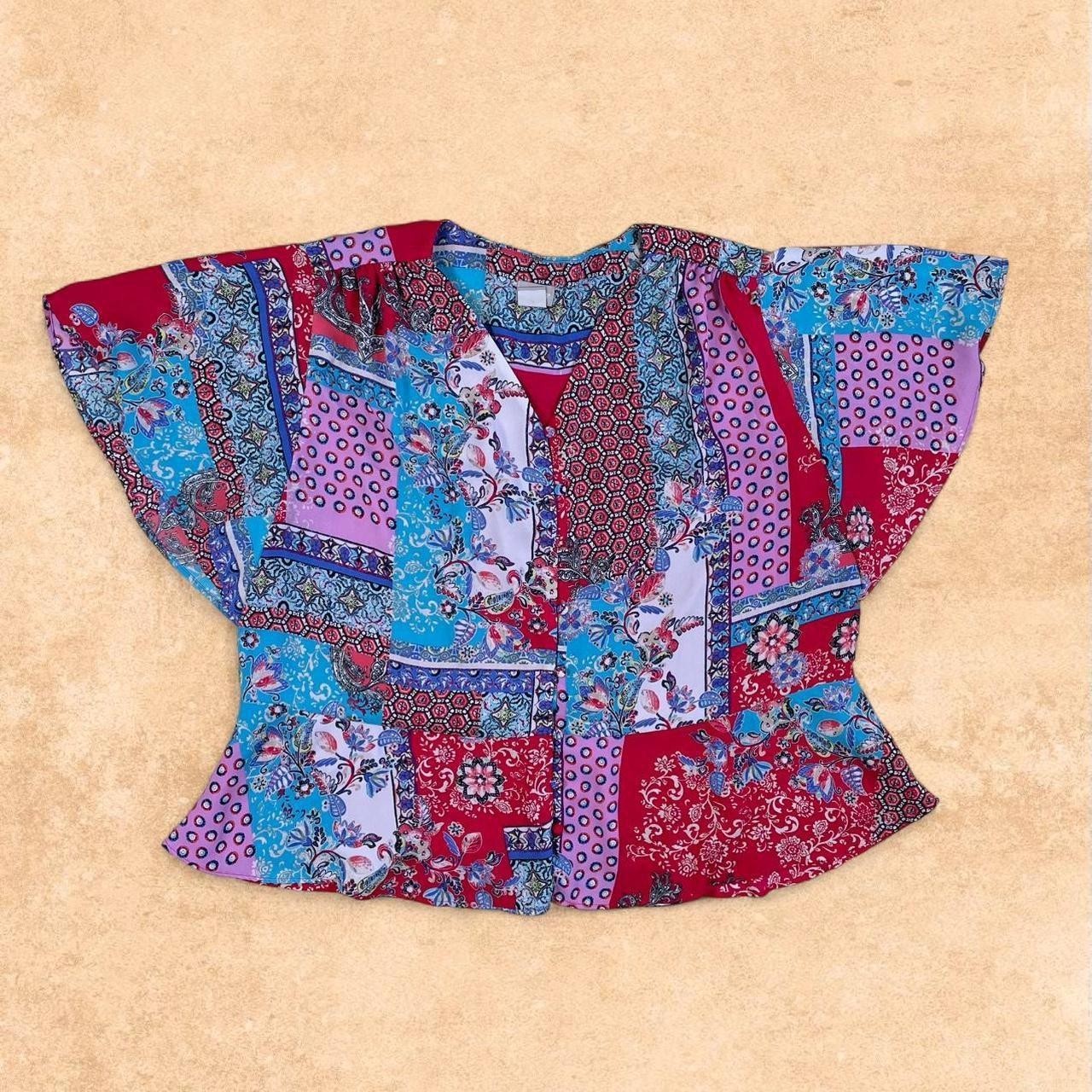 Chicos Blouse Boho Patchwork Scarf Bandanna Print Floral Flutter Sz 3P (16-18)