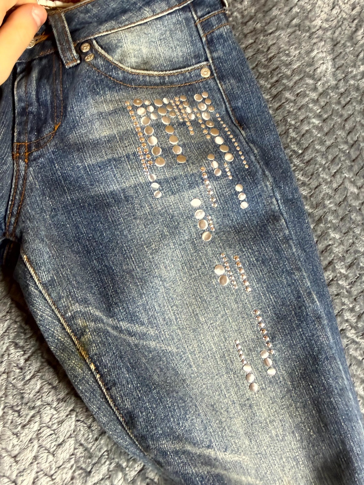Vintage Hint Flare Jeans Womens 1 Blue Denim Cotton Studded Distressed Mid Rise