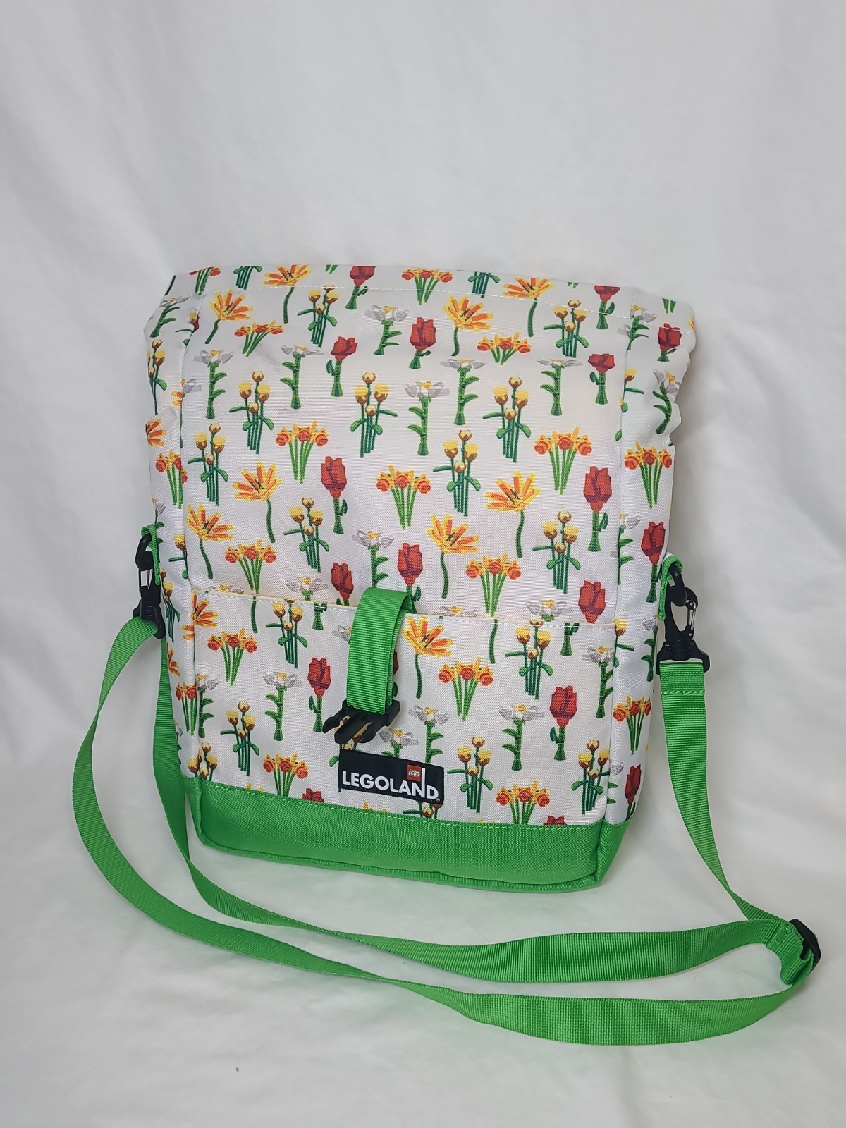 LEGO LEGOLAND Floral Print Crossbody Messenger Bag Zip Buckle Green Strap