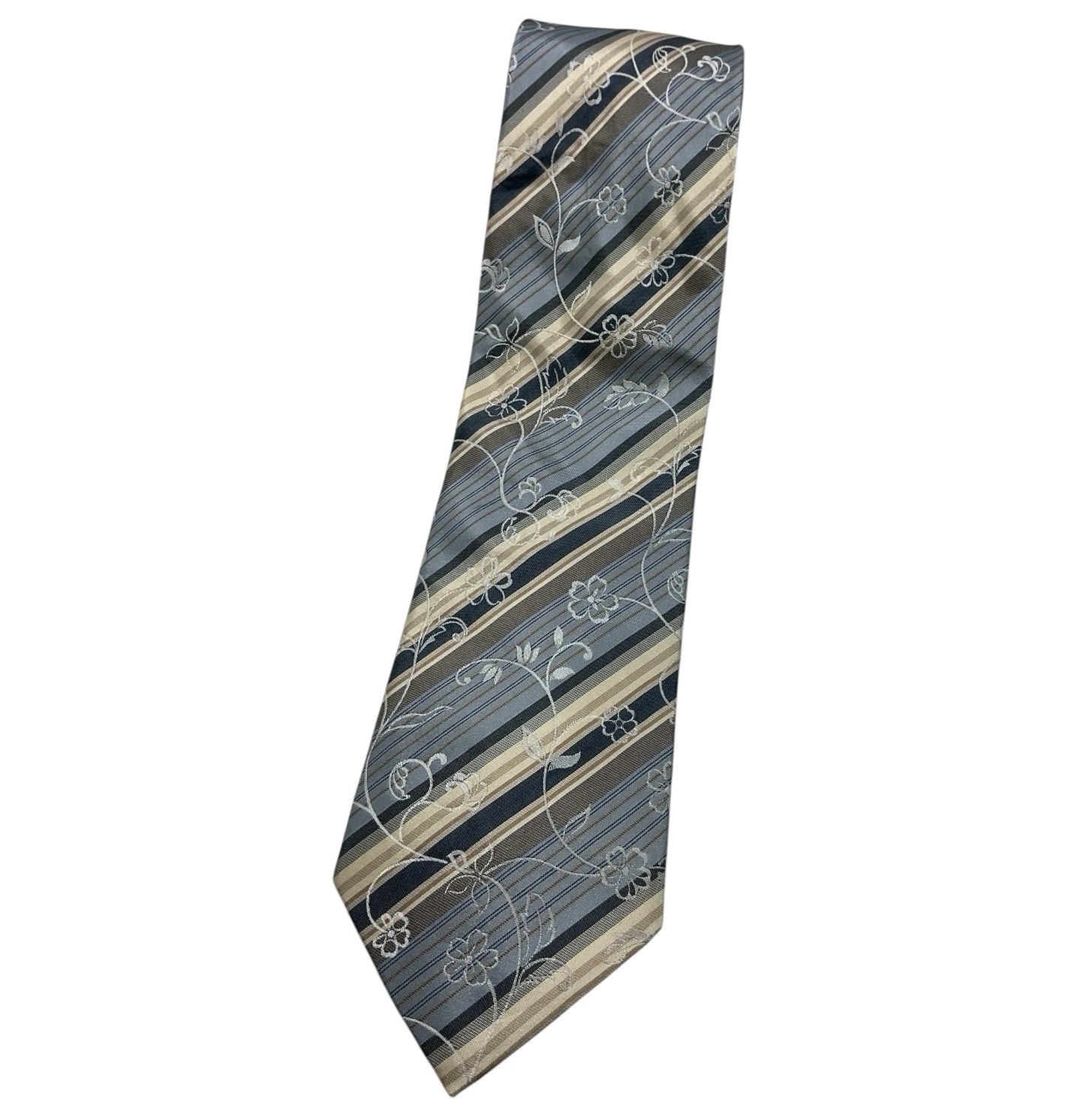 STRELLSON Men’s Silk Tie ITALY LUXURY Gray Beige Striped Floral W:3.7″ EUC