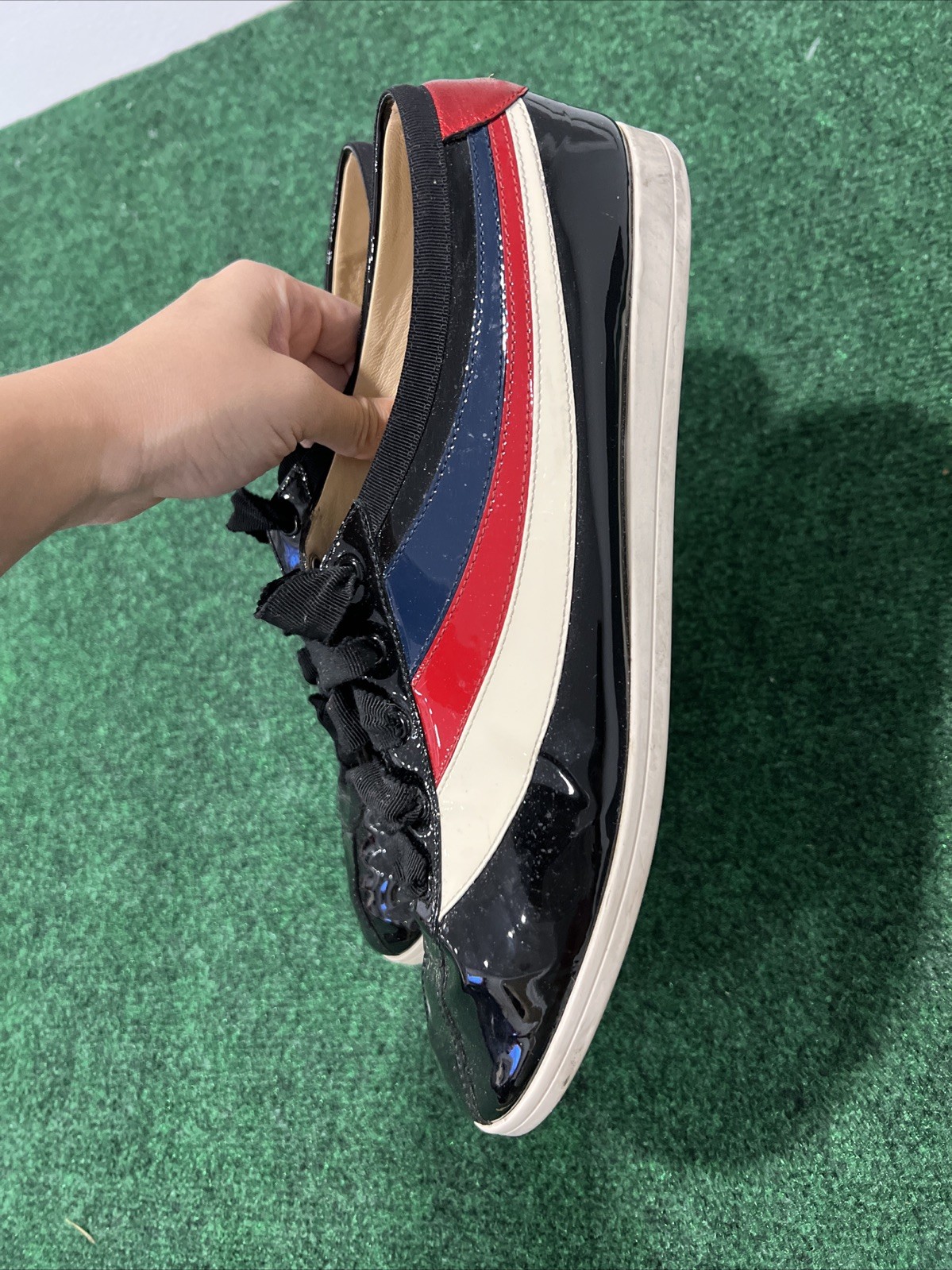 Gucci Men’s Falacer Hebron Web Patent Leather. Size 11 G 11.5 US Navy Red White