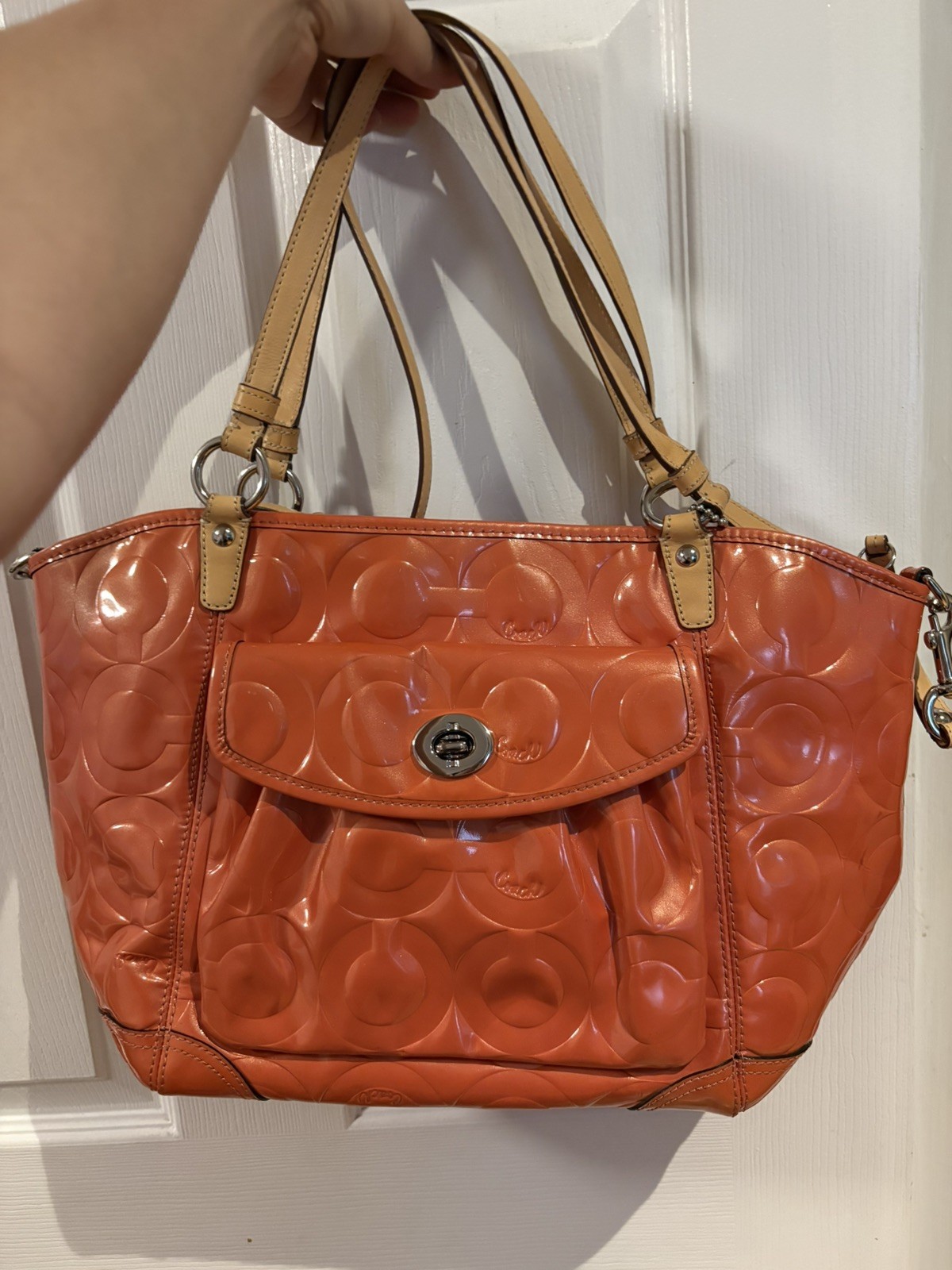 Coach Signature Embossed Leah Orange Patent Leather Tote Shoulder Handbag F14662