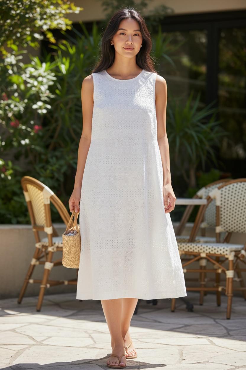 LL Bean 100% Cotton Dress Sheath Midi Back Zippper Eyelet Fabric
