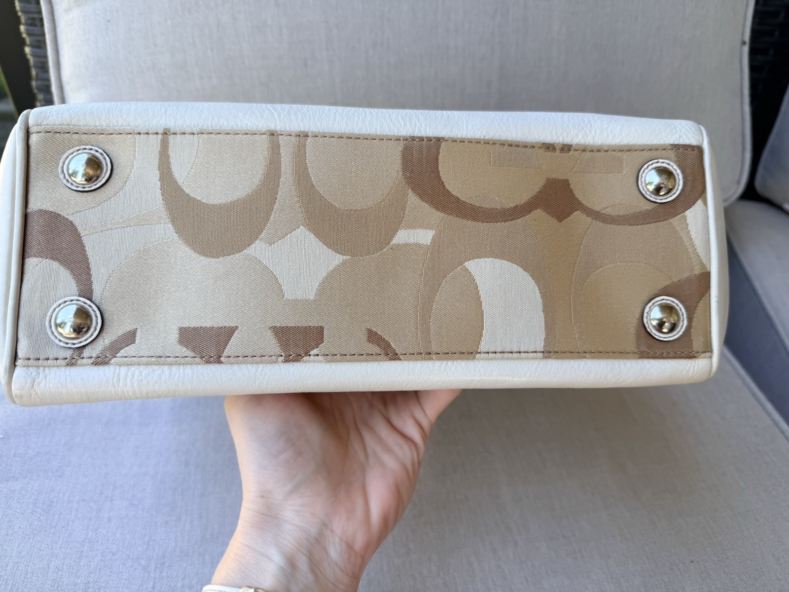 Vintage Coach Hamptons Madeline Tote Signature Canvas Cream Leather Purse Bag