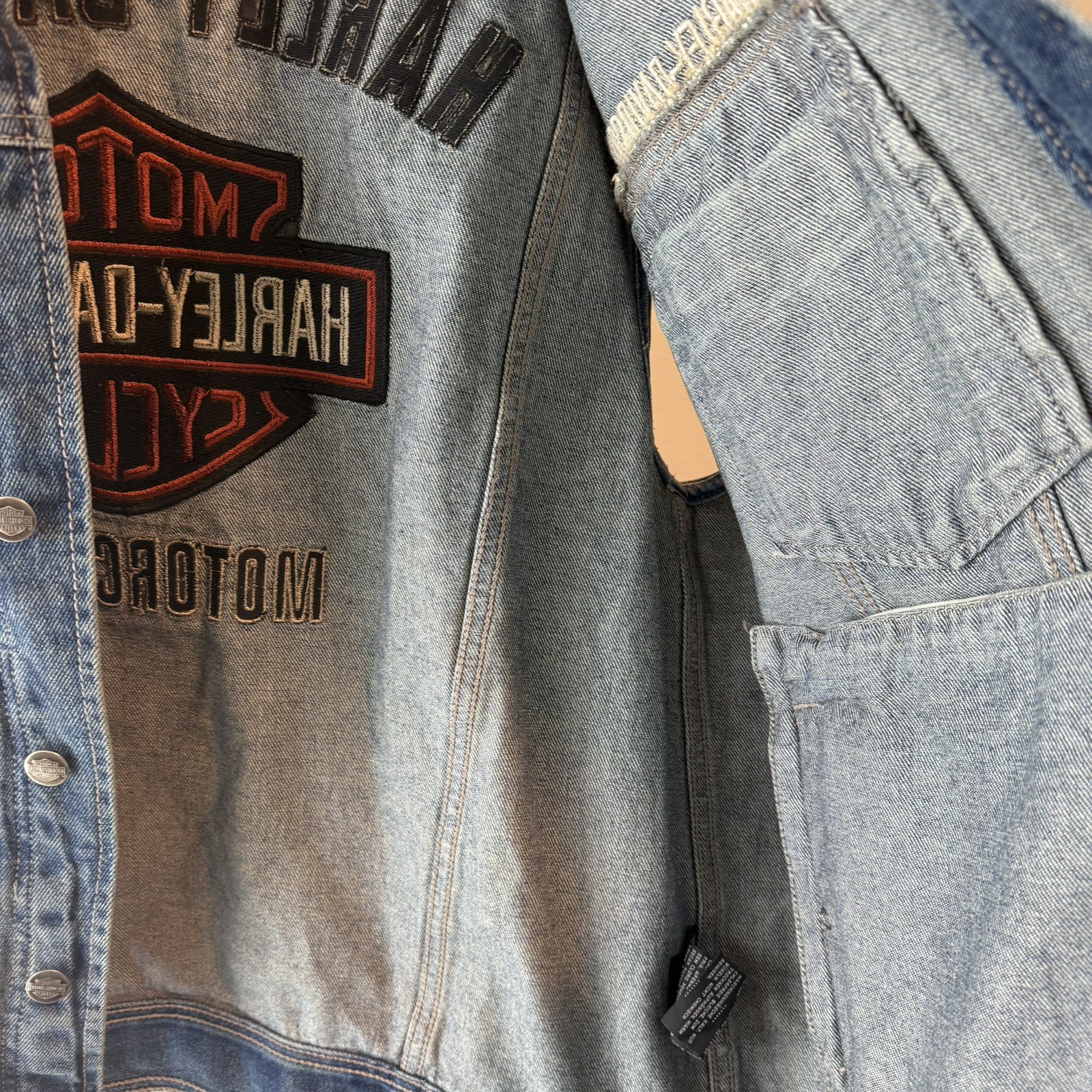 HARLEY DAVIDSON MOTORCLOTHES EMBROIDERED PATCH Denim Jean Jacket Vest Blue XL