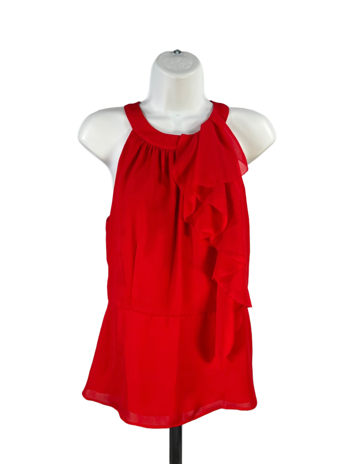 White House Black Market Women’s Red Ruffle Detail Sleeveless Tiered Blouse – 4