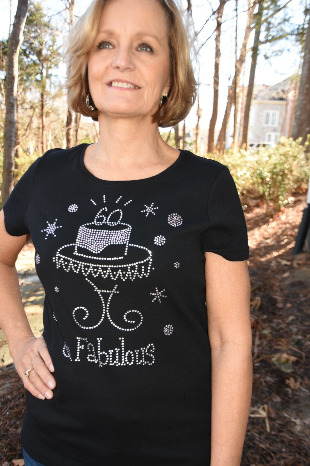 60th birthday rhinestone bling shirt size M 60 and Fabulous Birthday Cake