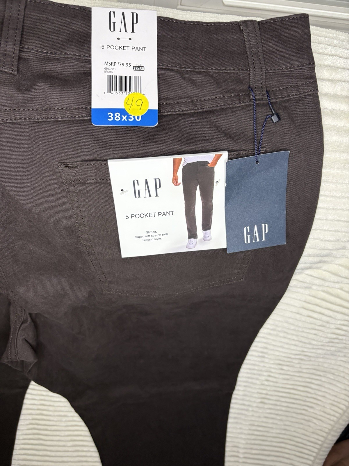 GAP Mens Slim Fit 5 Pocket Pants 38×30 Brown Stretch Twill Chino Casual Trouser
