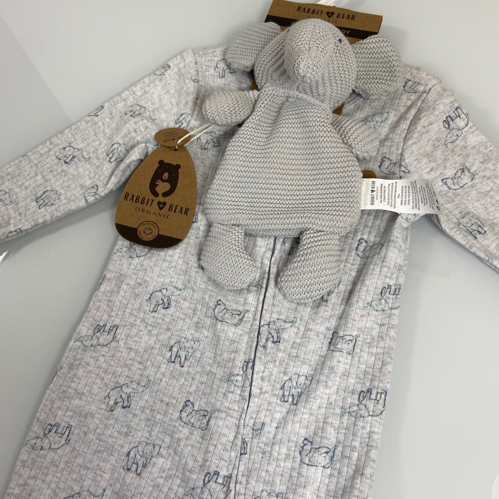 Rabbit + Bear Kids 6-9M Gray Elephant Footed Sleeper NEW Organic Cotton Zip Up