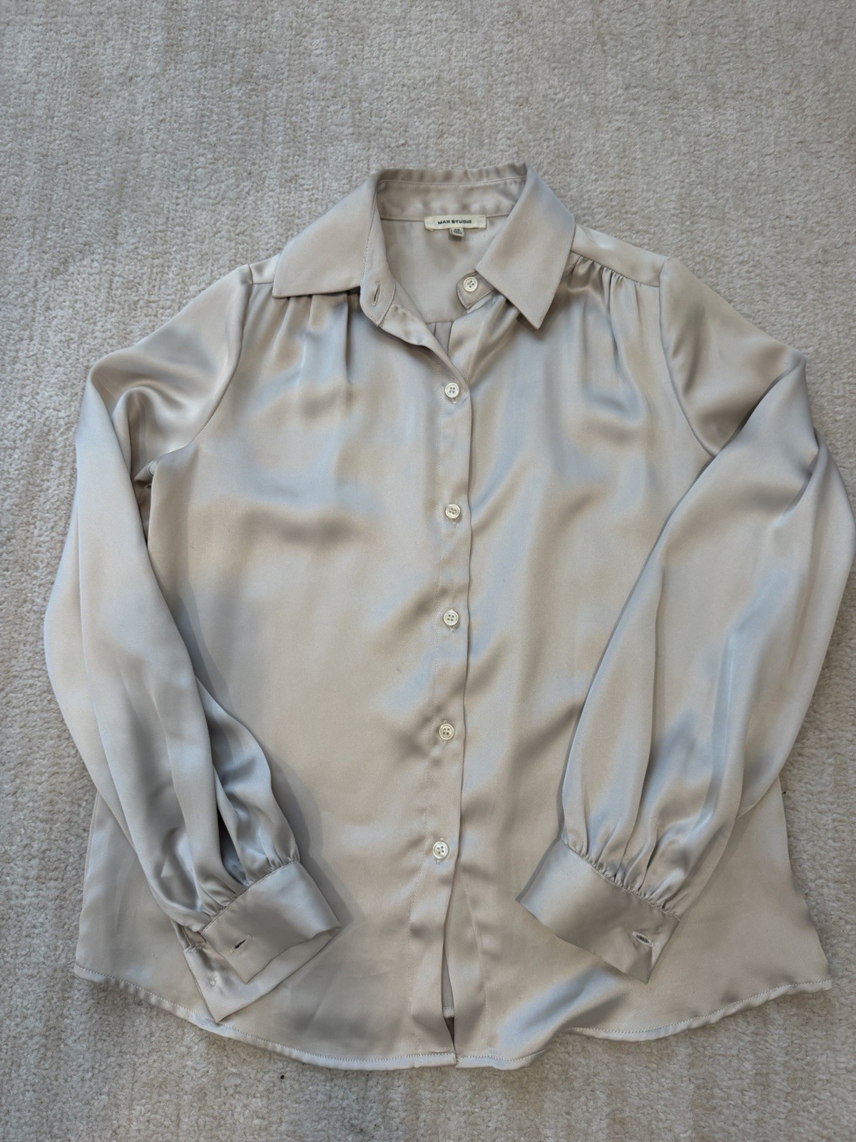 Max Studio Women’s Beige Satin Polyester Button-Front Collared Blouse XS