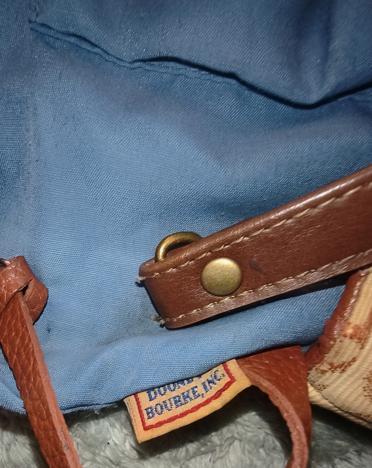 Dooney & Bourke Logo Satchel Top Handle Beige Brown Strap Blue Lining Gold