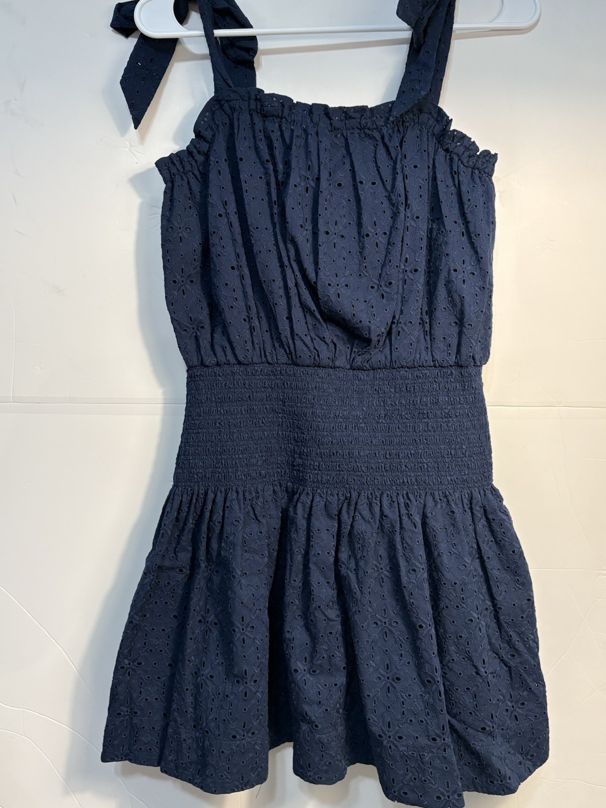 Ramy Brook New York Navy Smocked Square Neck Tie Strap Short Dress M NWT