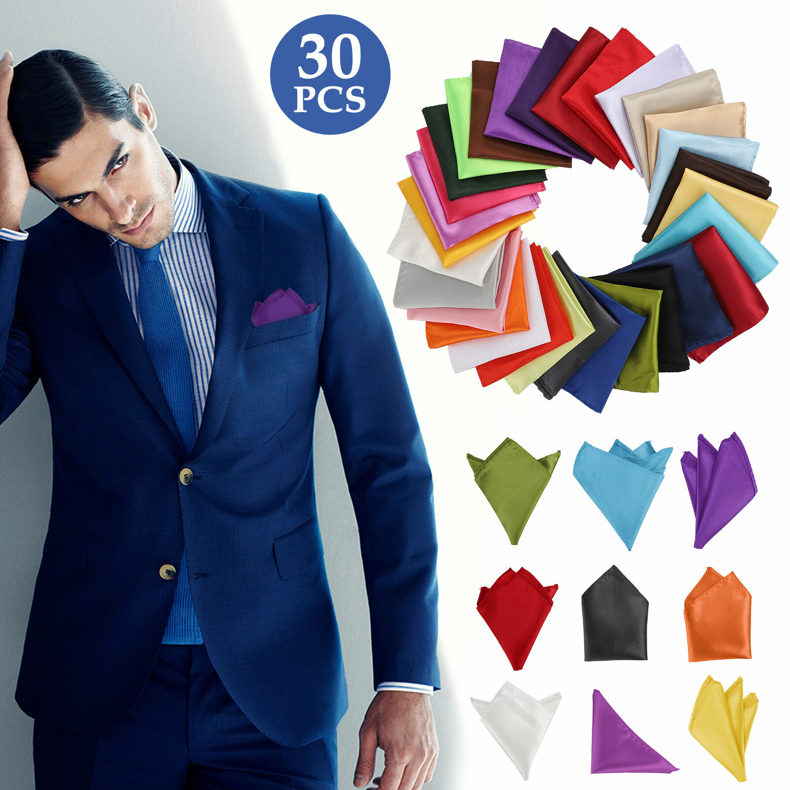 30pcs Men’s Satin Silk Pocket Handkerchief Square Hankie Set for Formal Events