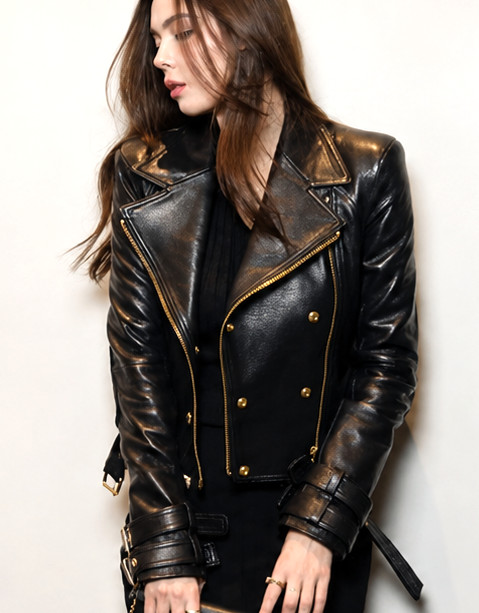 Womens Black Moto Style Genuine Leather Motorcycle Slim fit Biker Jacket XS-XXL