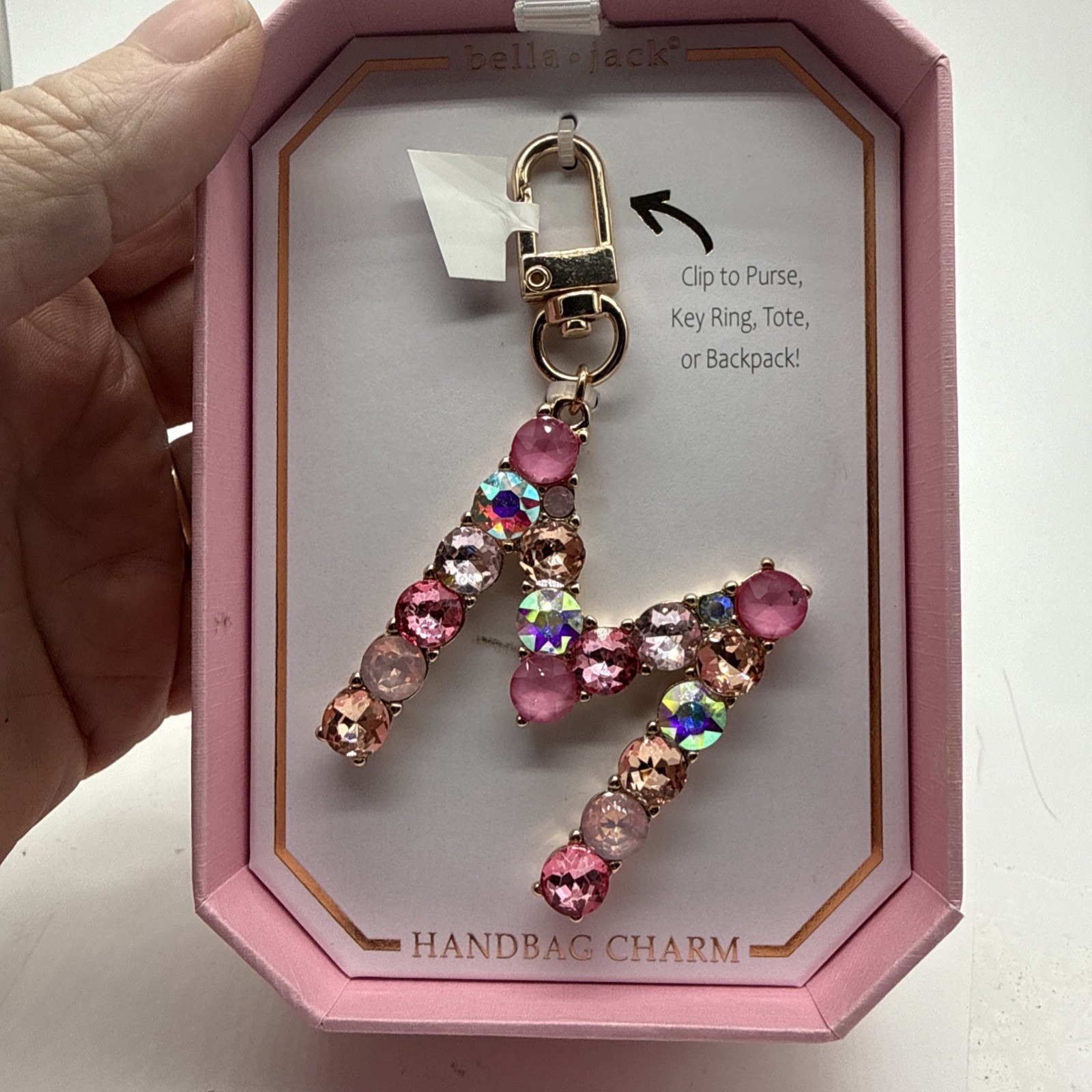 Bella Jack Handbag Charm Keychain “M” Pink Sparkle Gold-tone Secure Clip
