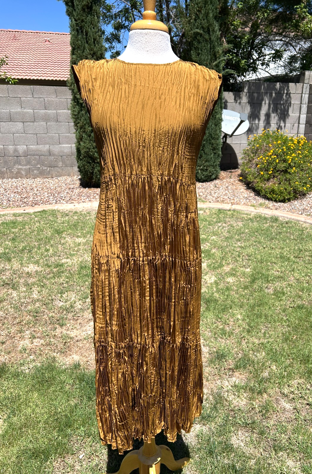 Eileen Fisher Crushed Silk Tiered Midi Dress Women’s XXS Bronze Pleated $388 NWT