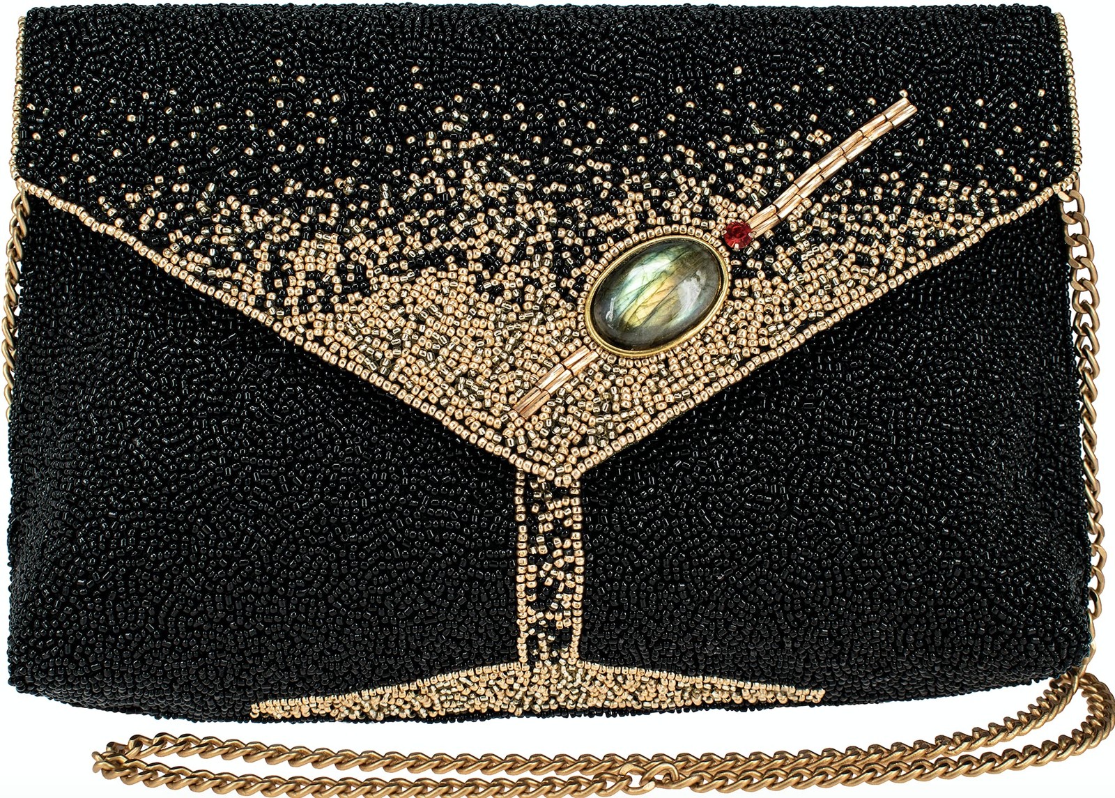 Mary Frances Olive You Beaded Crossbody Clutch, Martini Motif Gem Chain, Black