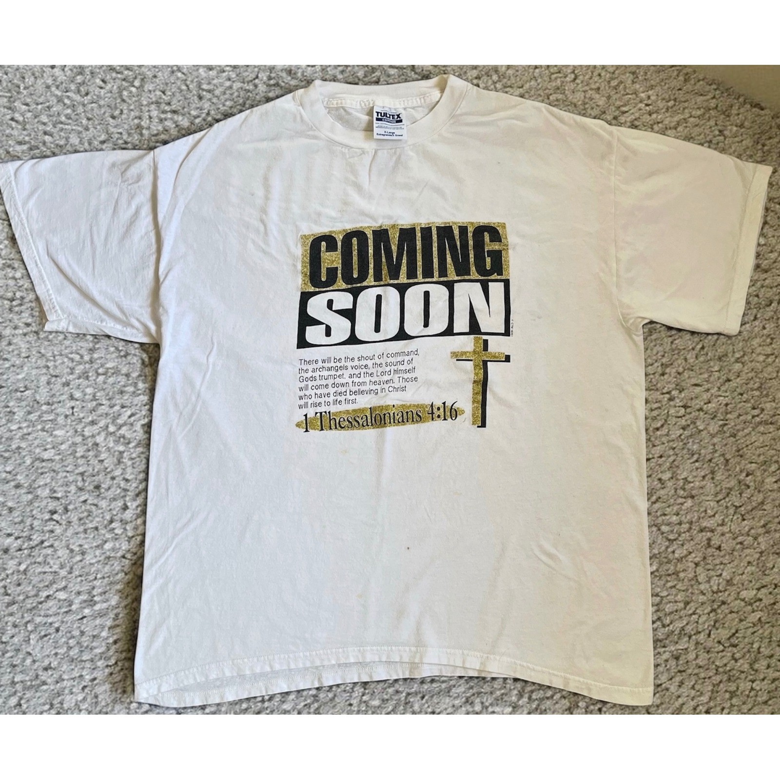 Vintage Tultex Coming Soon 1 Thessalonians 4:16 Christian T-Shirt White XL Mens