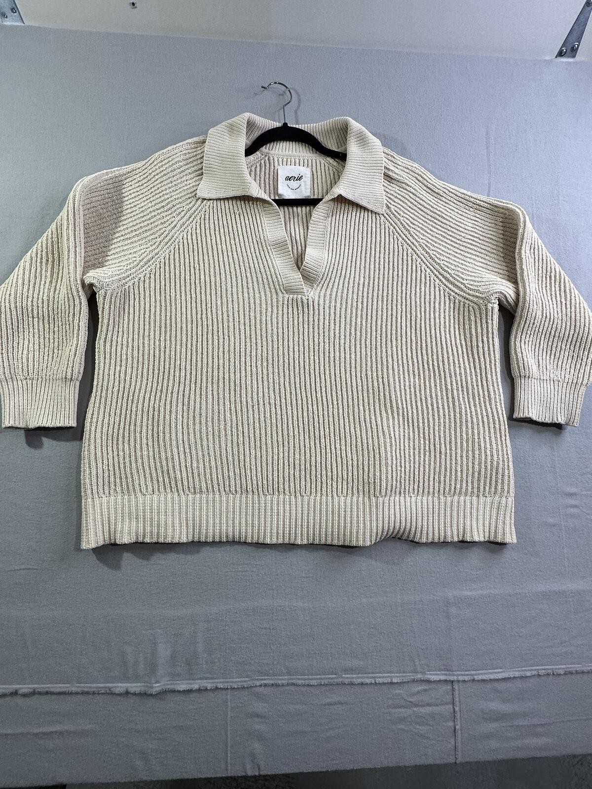 Aerie Oversized Rib Knit Collared Sweater Cream XL Polo Pullover Cozy