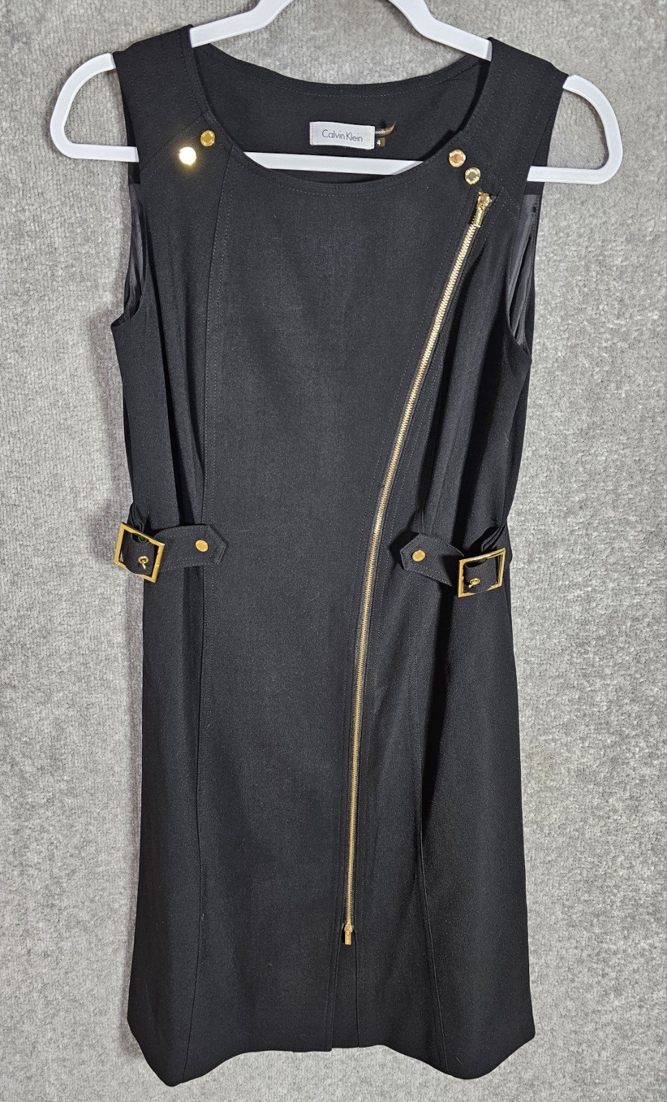 Calvin Klein Dress Womens Size 4 Black Gold Buckle Snap Asymmetric Zipper Lined