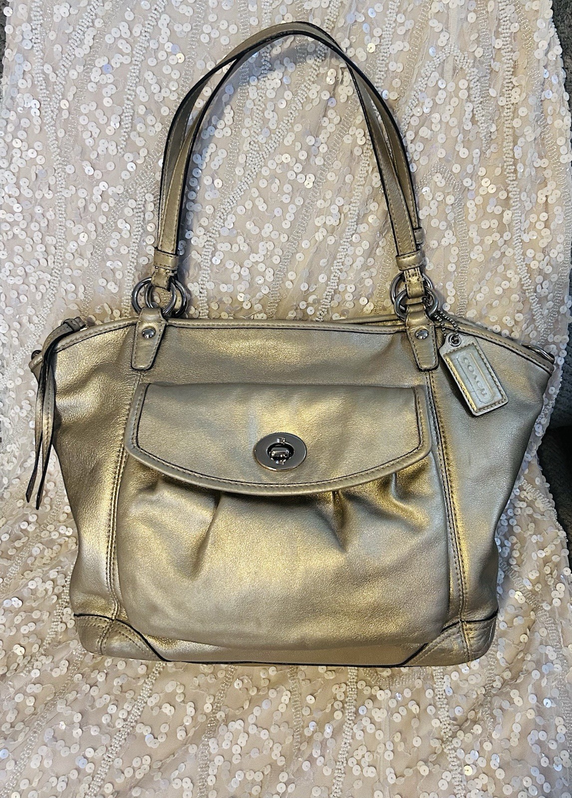 Coach Leah Leather Large Hand Bag Purse Satchel Tote Gold Metallic No 13173