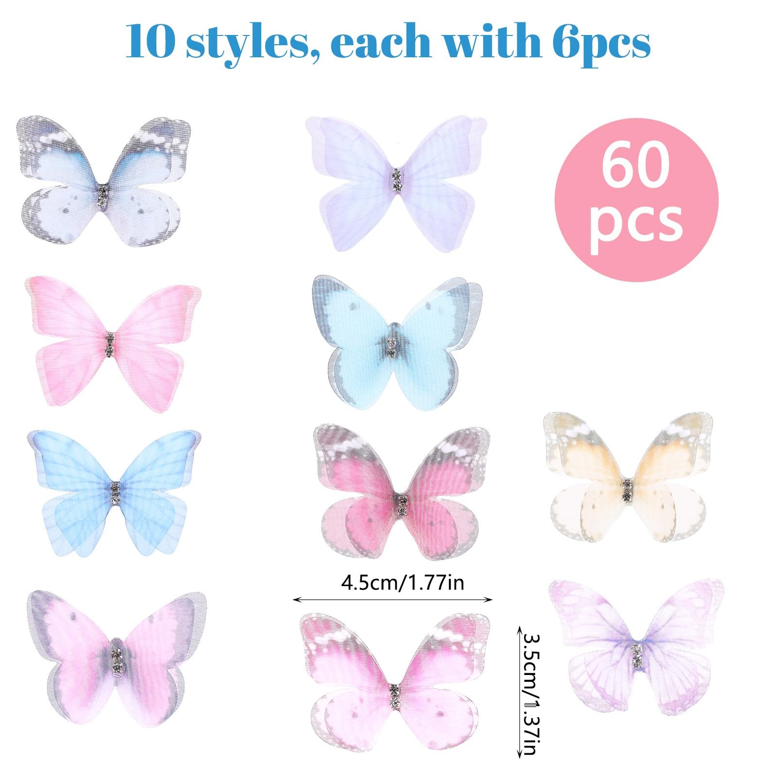 60 Pcs Organza Fabric Butterfly Appliques 3D Butterfly Decorations for Crafts
