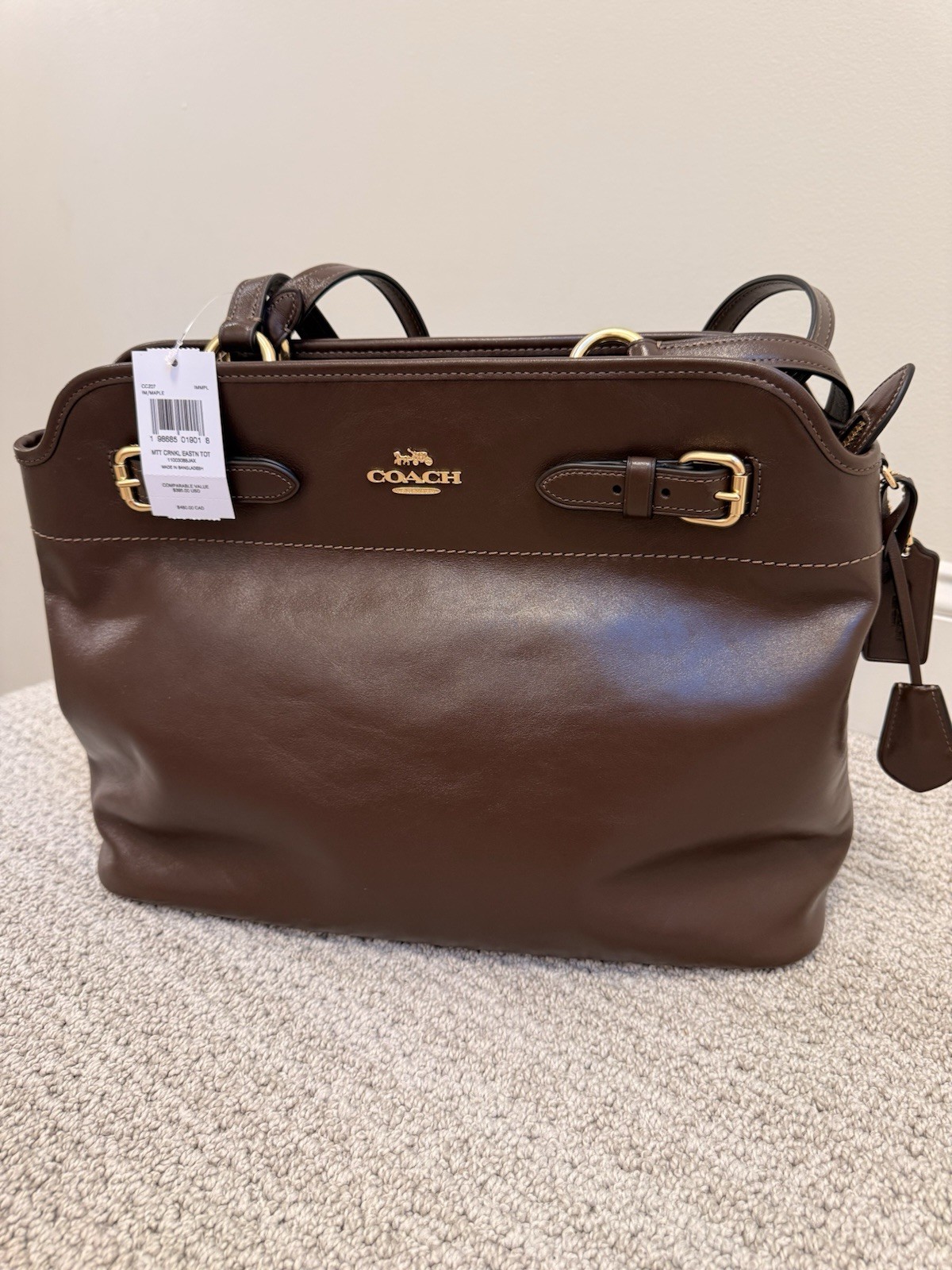NWT 🍁 COACH Easton Tote Bag CCZ07 Gold/Maple Brown Shiny Smooth Leather