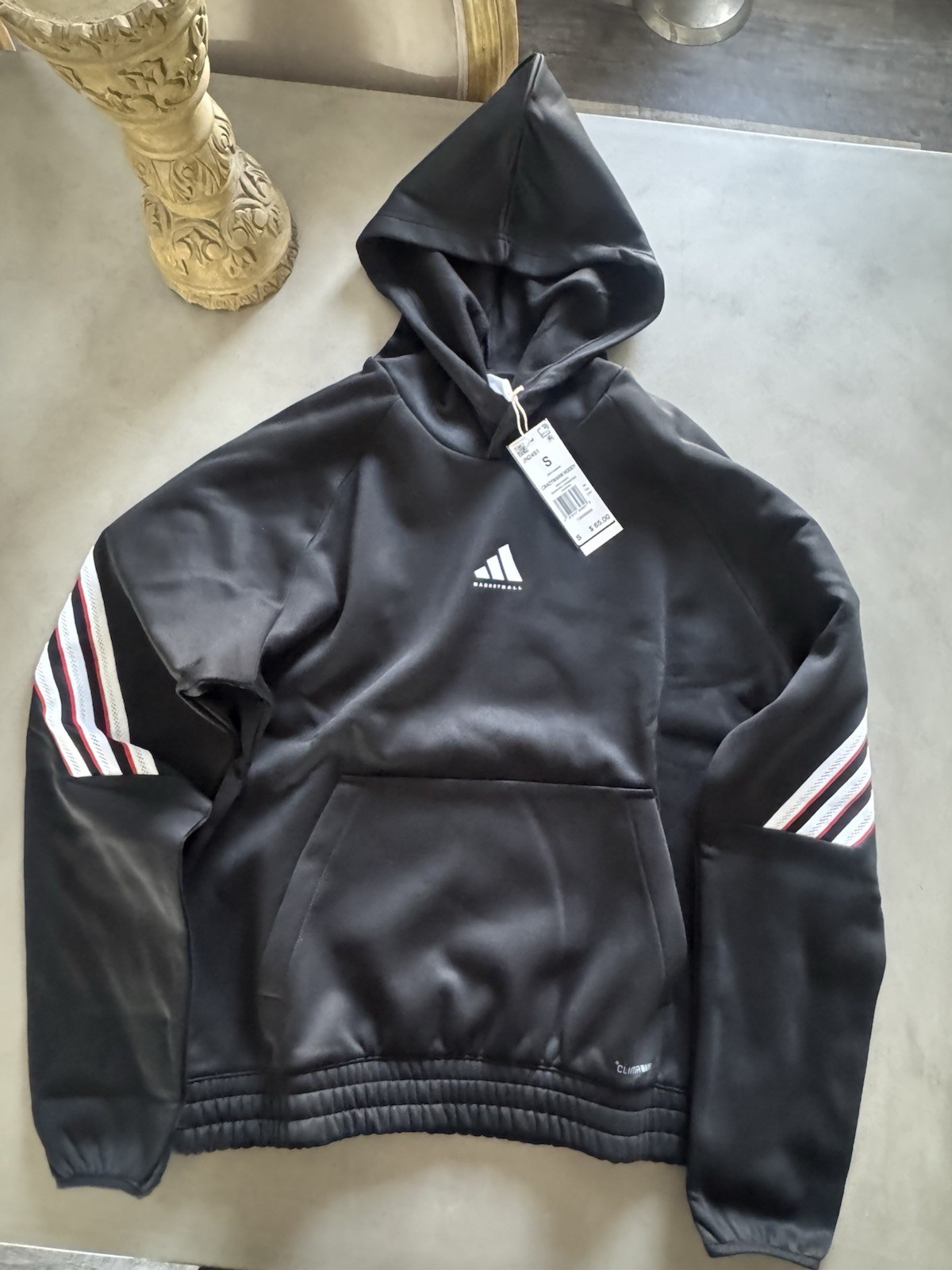 Adidas Basketball ClimaWarm Hoodie Black Striped Sleeve Pullover Small NWT