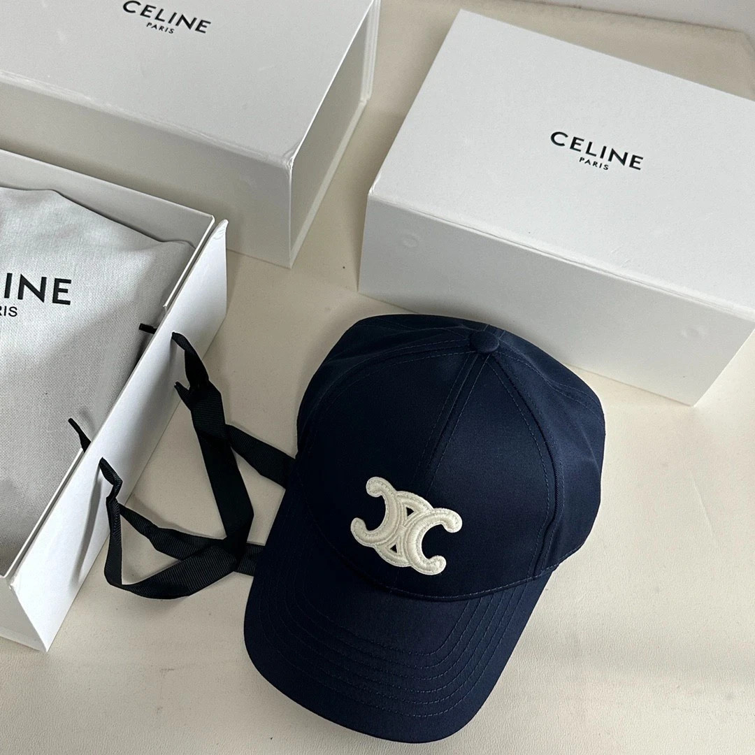 Celine Navy Baseball Cap White Triomphe Logo Women Preppy