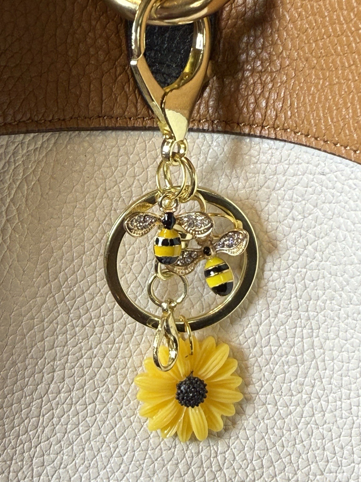 Gold Bee Sunflower Keychain Charm Rhinestone Bumblebee Floral Purse Bag Key Ring