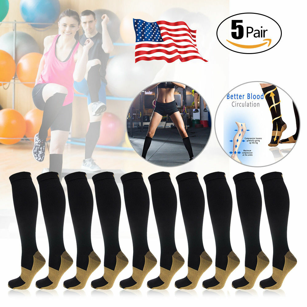 5 Pairs Copper Energy Knee High Compression Socks Fitness S/M/L/XL XXL Free Ship
