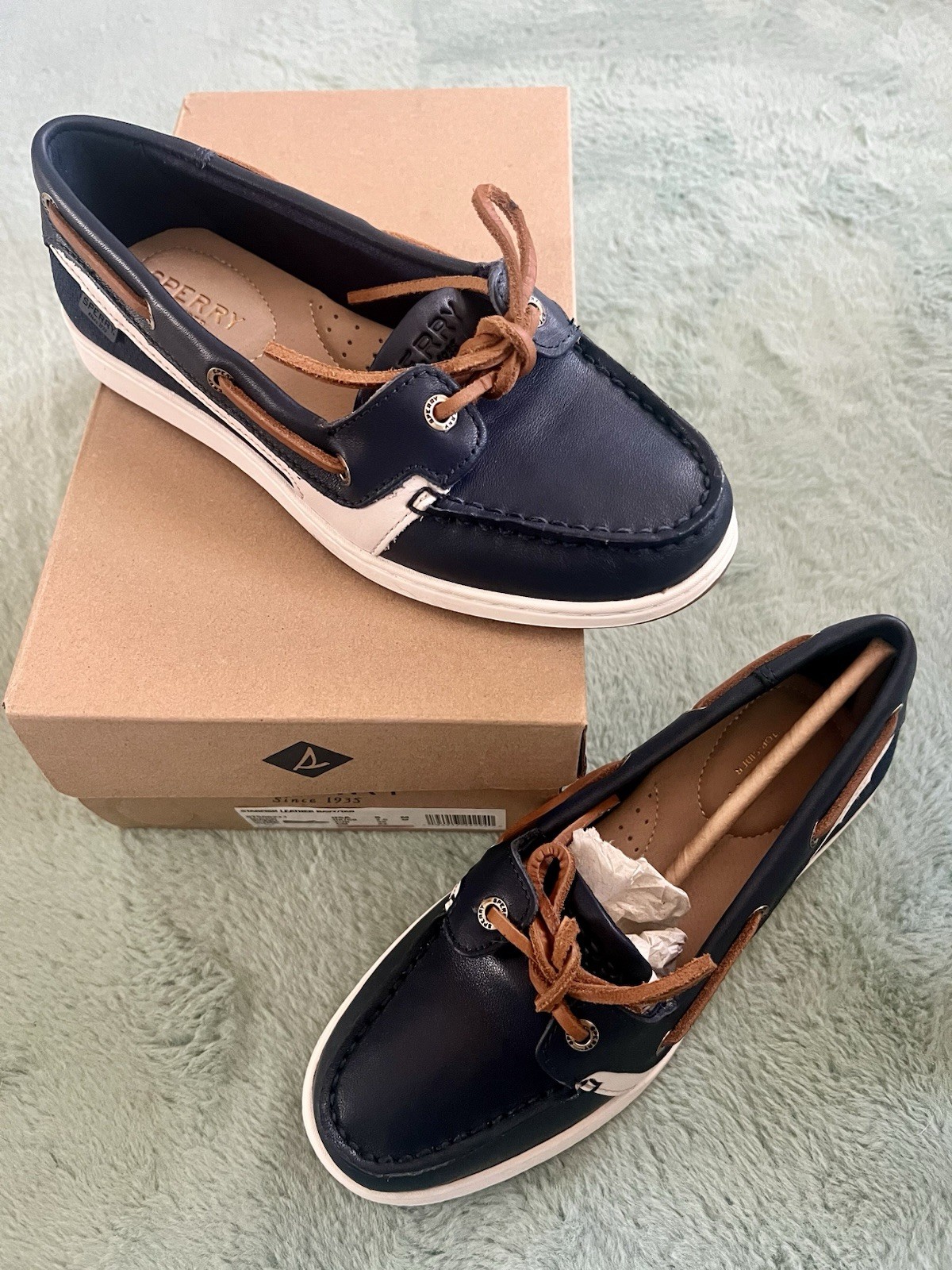 Sperry Top-Sider Starfish Leather Boat Shoes Navy/Tan Lace-Up 5M STS86211