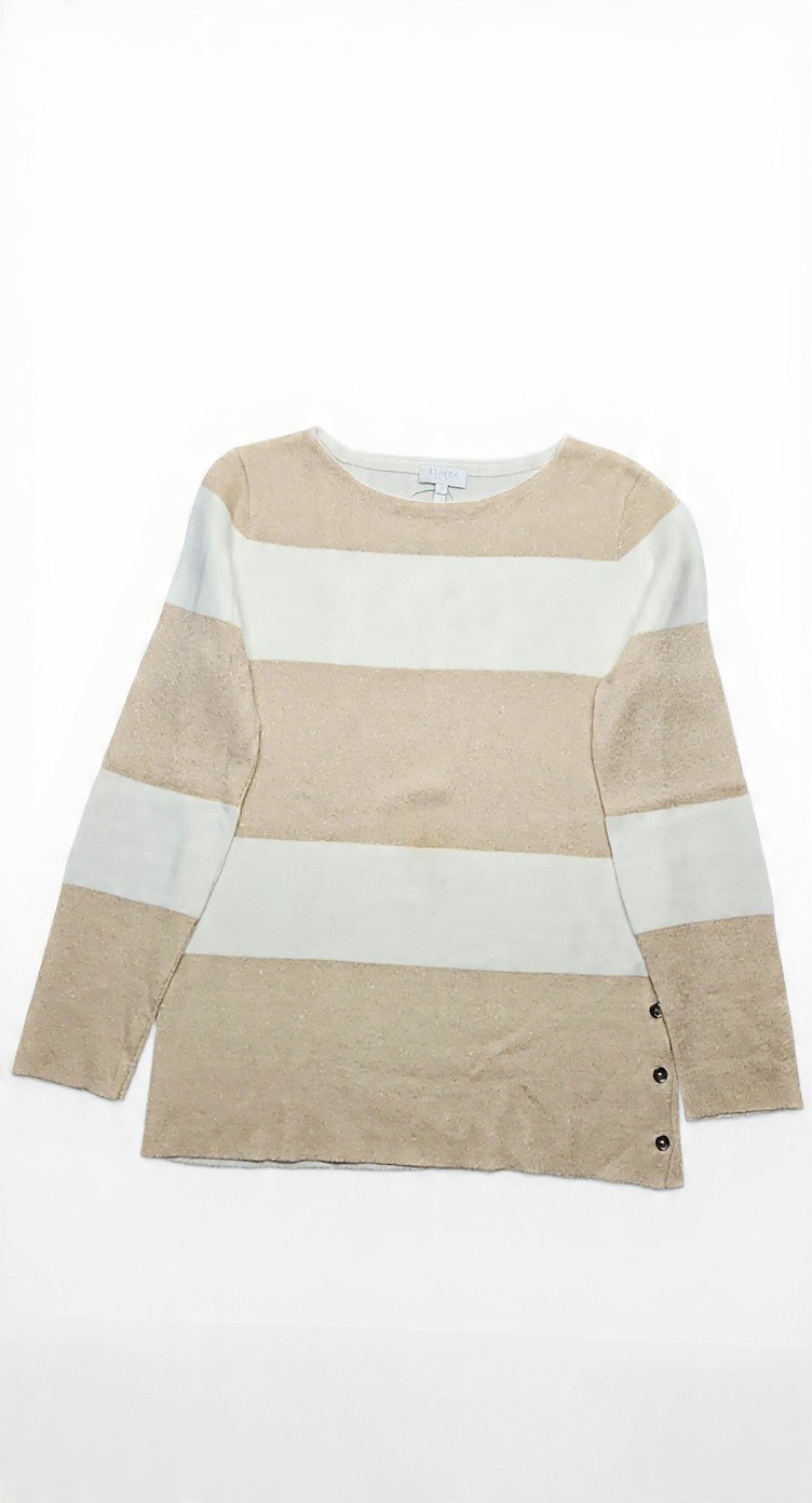 Escada Women’s Striped Knit Sweater Beige White Long Sleeve Casual Pullover Top