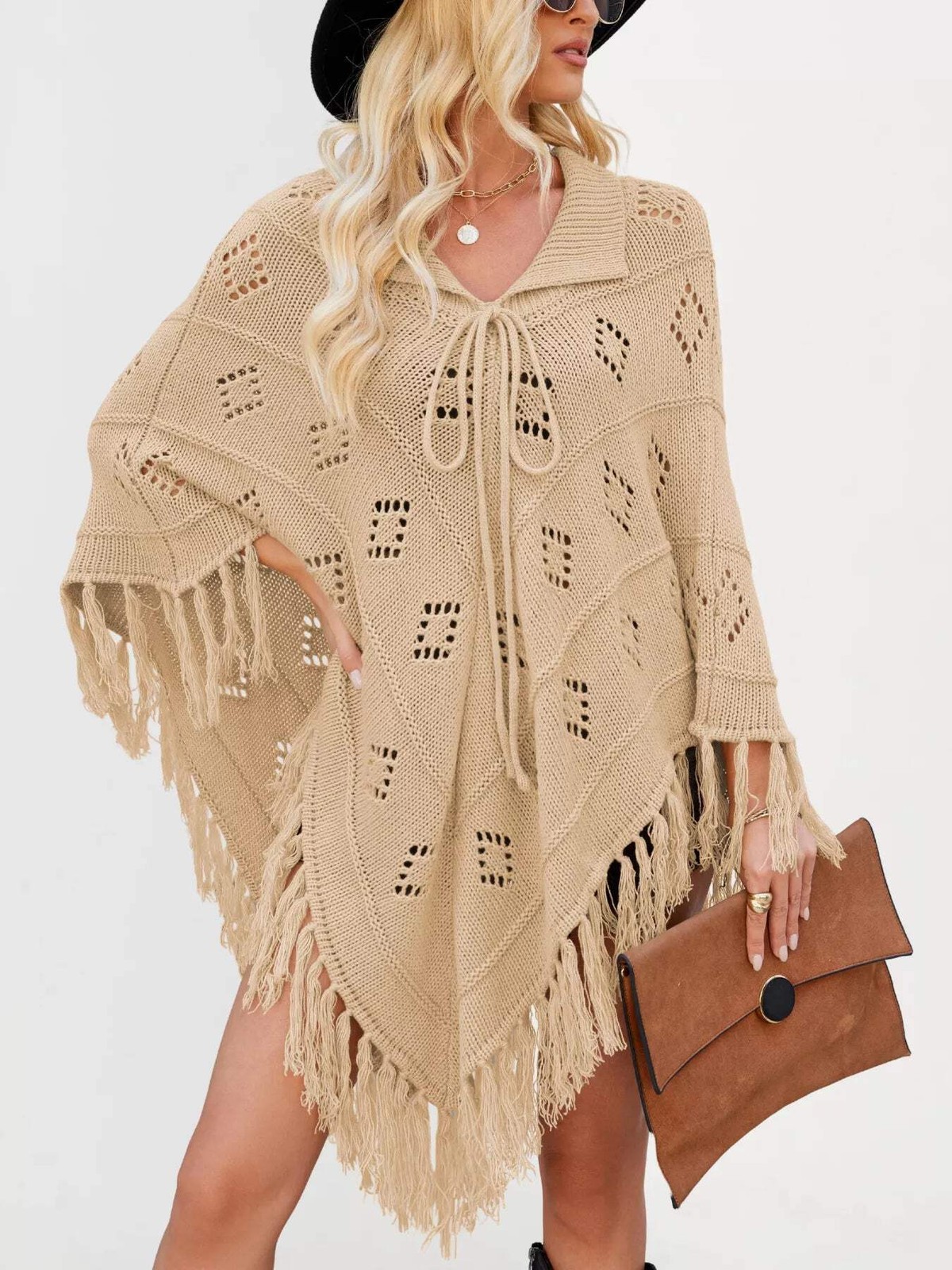 Women’s Fringe Tassel Tie Openwork Knit Boho Beach Cover Up Multi Colors S-XL