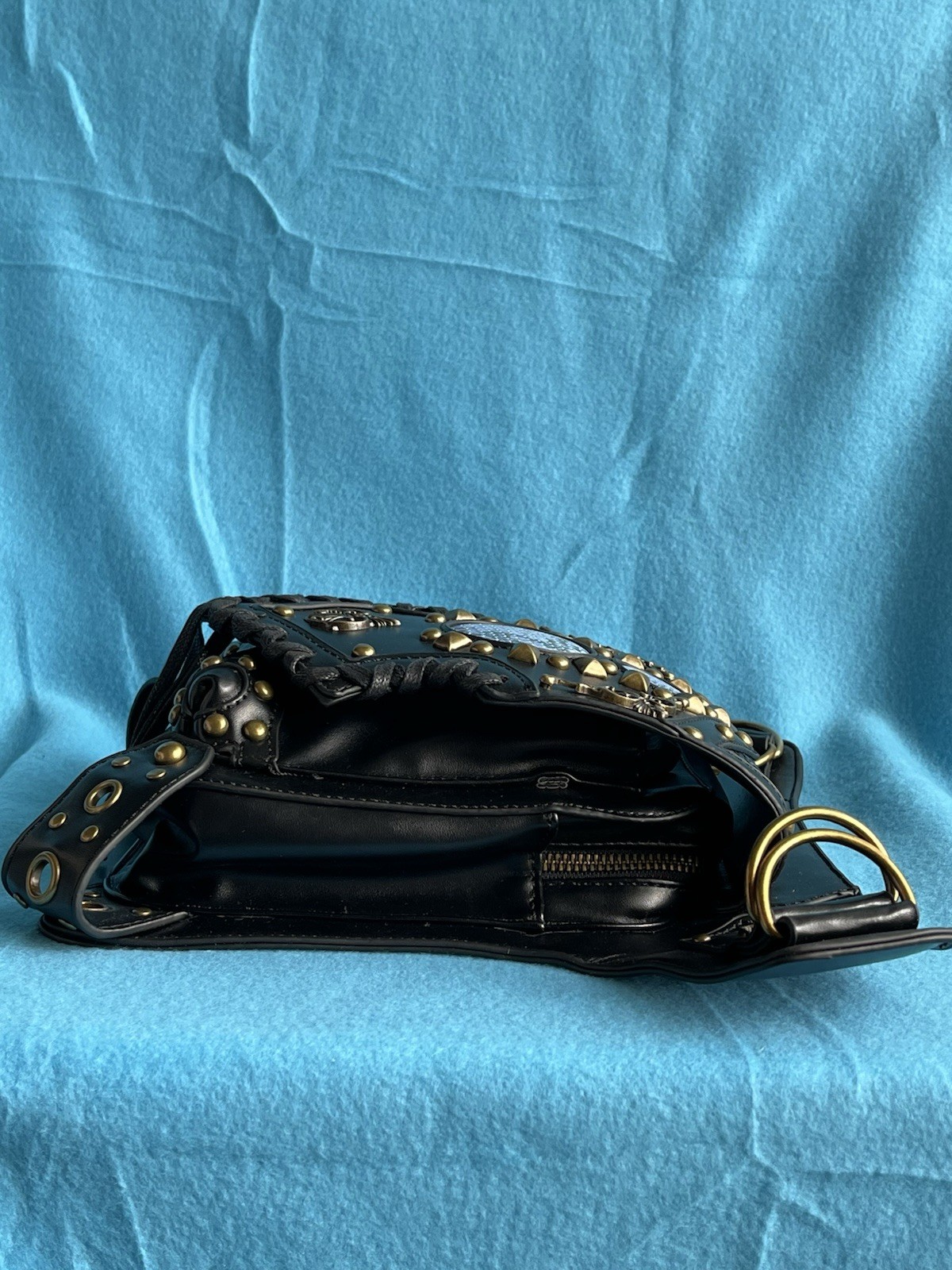 Steampunk Black Studded Lace-Up Crossbody Bag Zip & Magnetic Detachable Strap