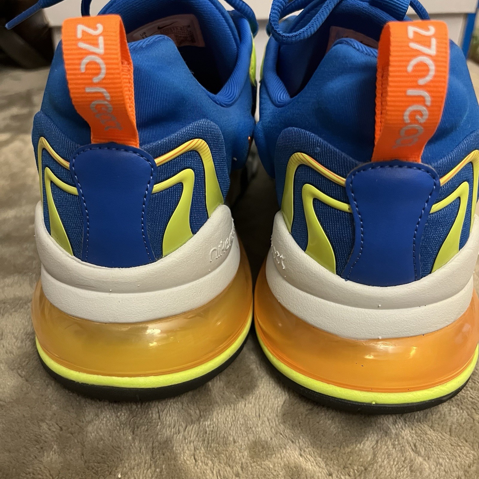 Size 11 – Nike Air Max 270 React ENG Blue w electric yellow & orange