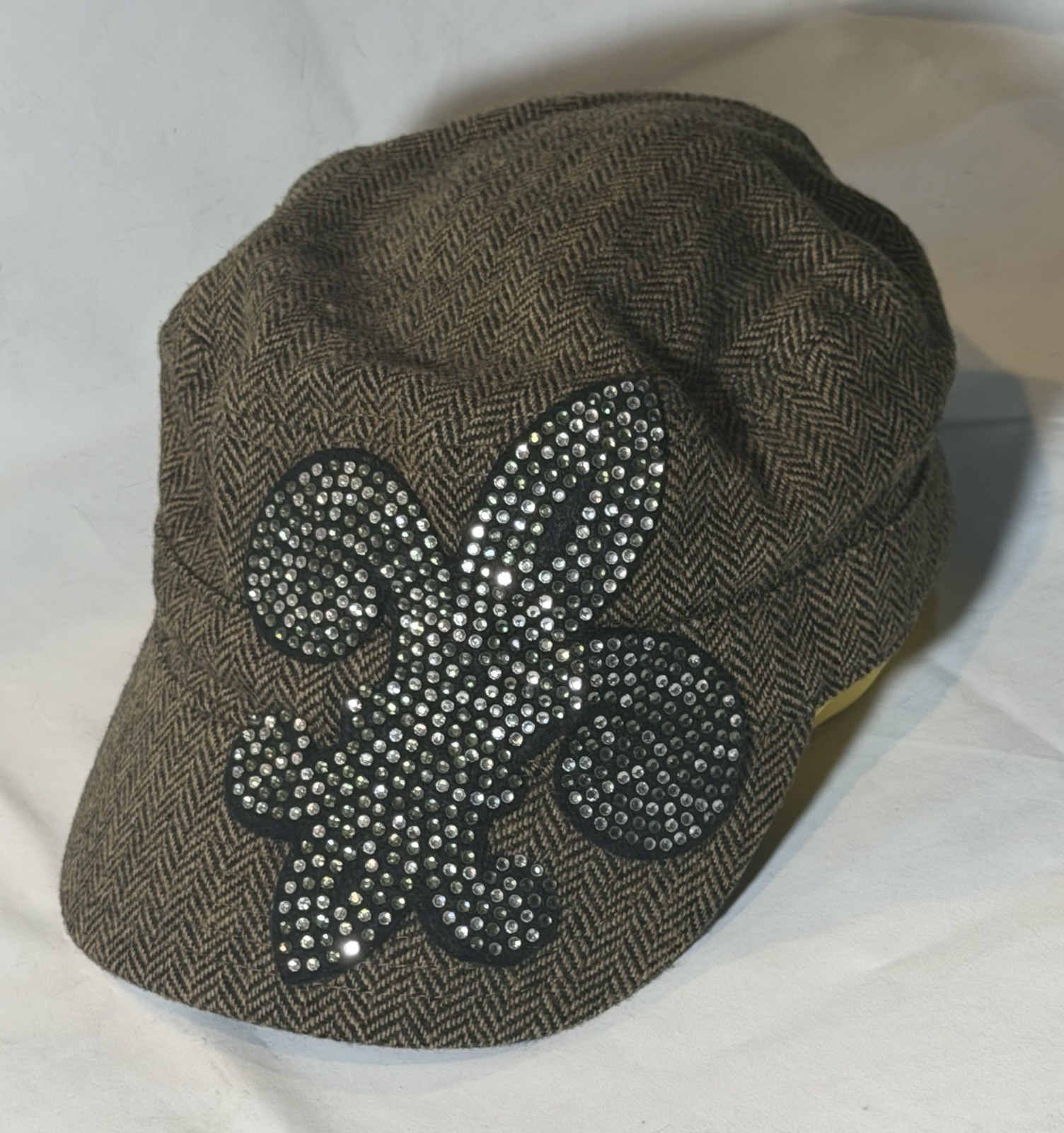 Fleur-de-Lis rhinestones Brown tweed Cap adjustable Fit Circumference 22in