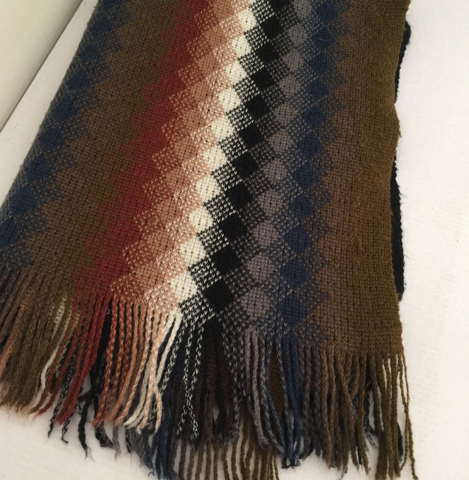 Honey weave Scarf Acrylic/Wool Multi-color Plaid 60″x20″ fringed Made in Japan