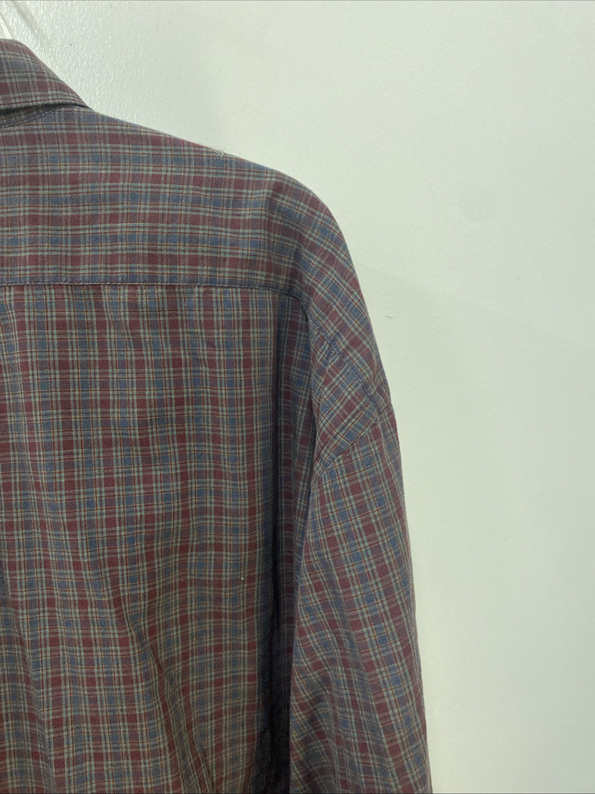 Men’s Deansgate Dress Shirt-Red/Blue Plaid Long Sleeve, Pocket Size XL
