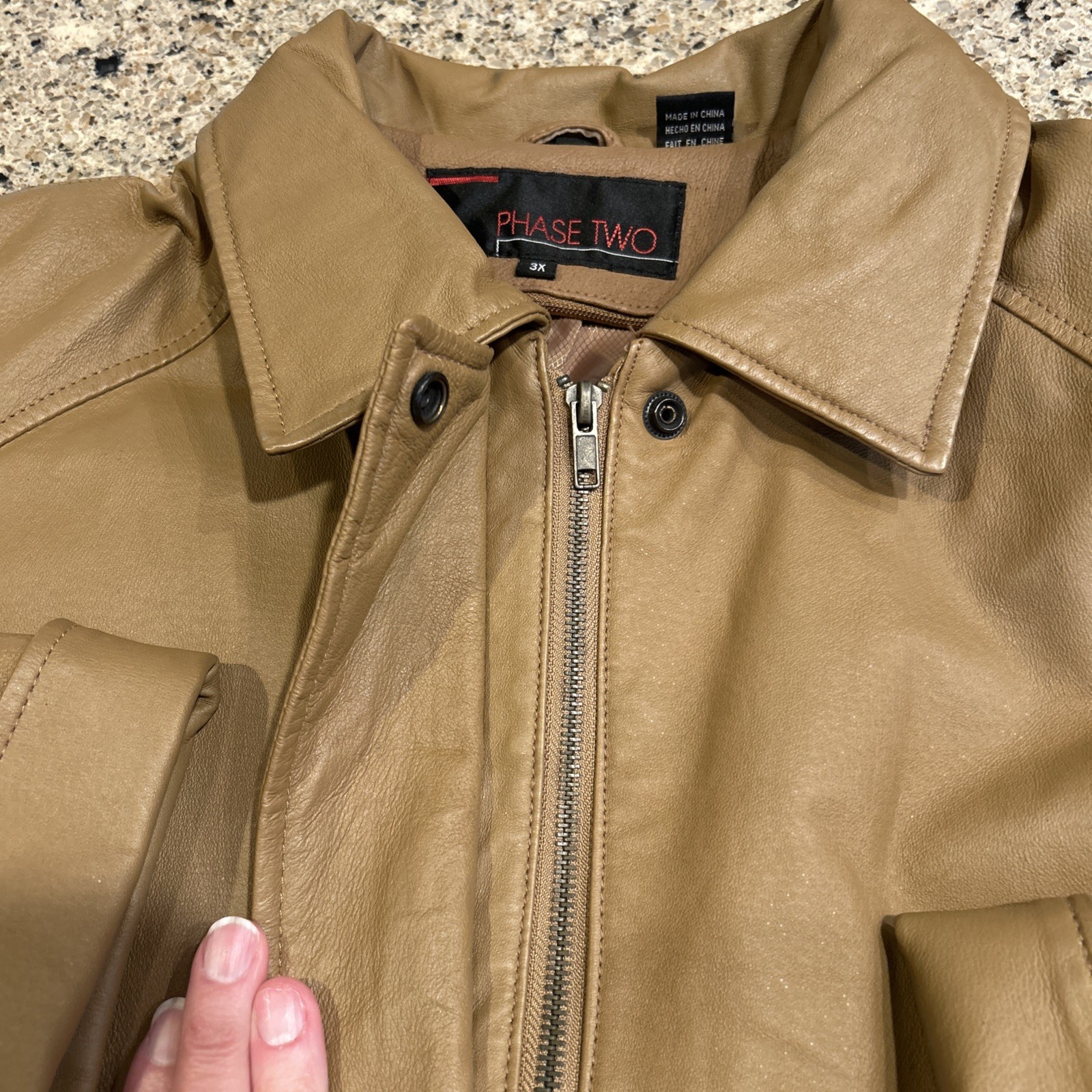 Vintage Phase Two 3X Brown Camel Leather Coat Mid Thigh Length GUC Zip Front
