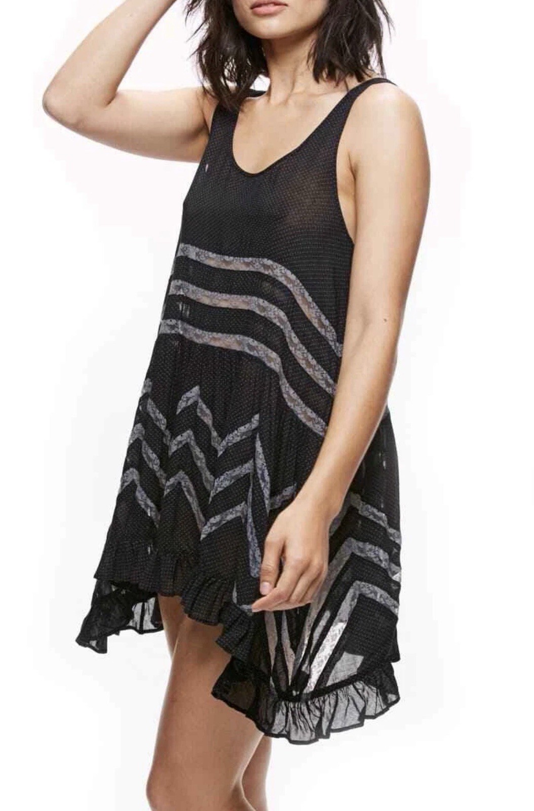 Intimately Free People Trapeze Slip Dress XS Black Gray Lace Polka Dot Fairy