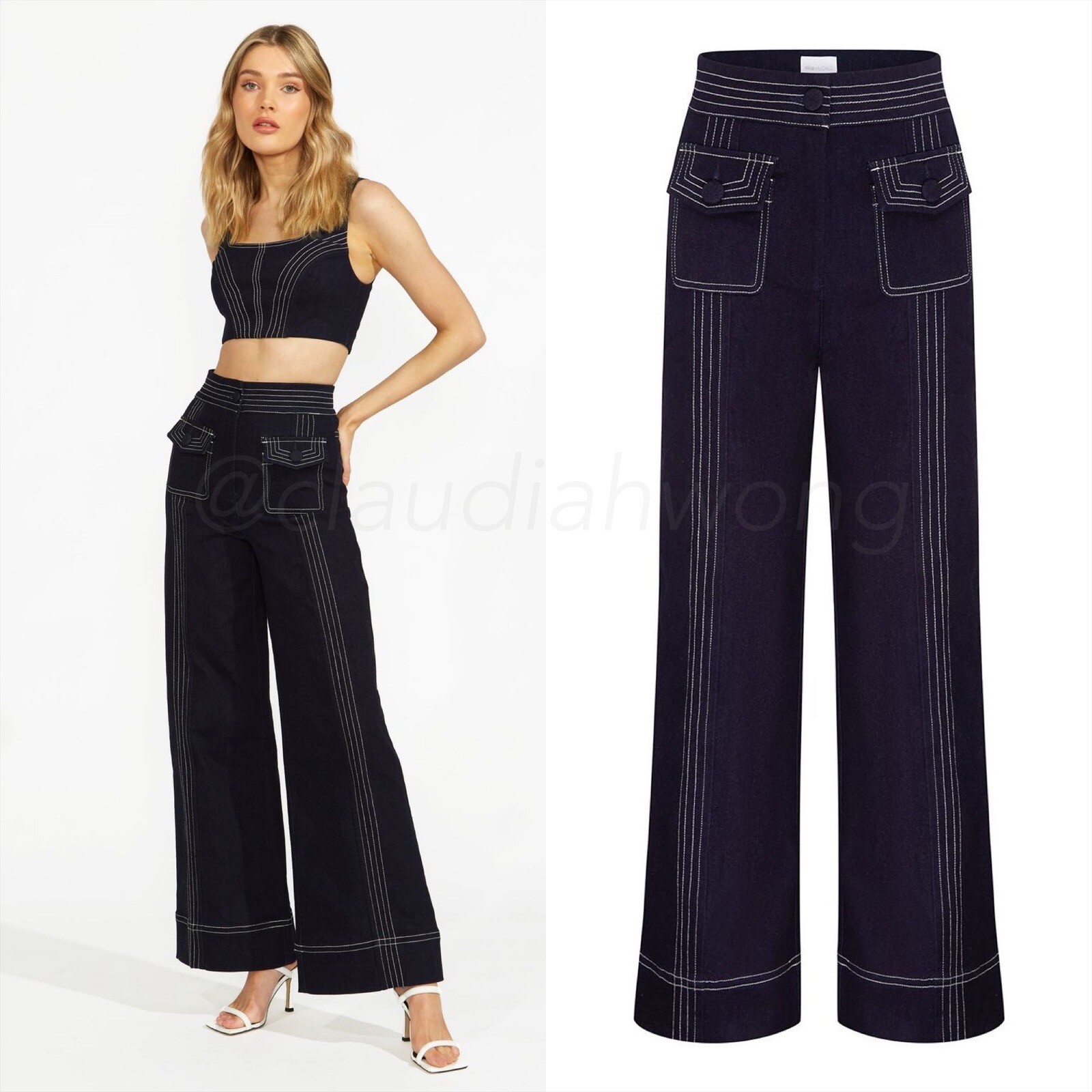 NWT ALICE MCCALL Deep Sea Indigo Blue Contrast Stitch Wide Leg Denim Pants US 4